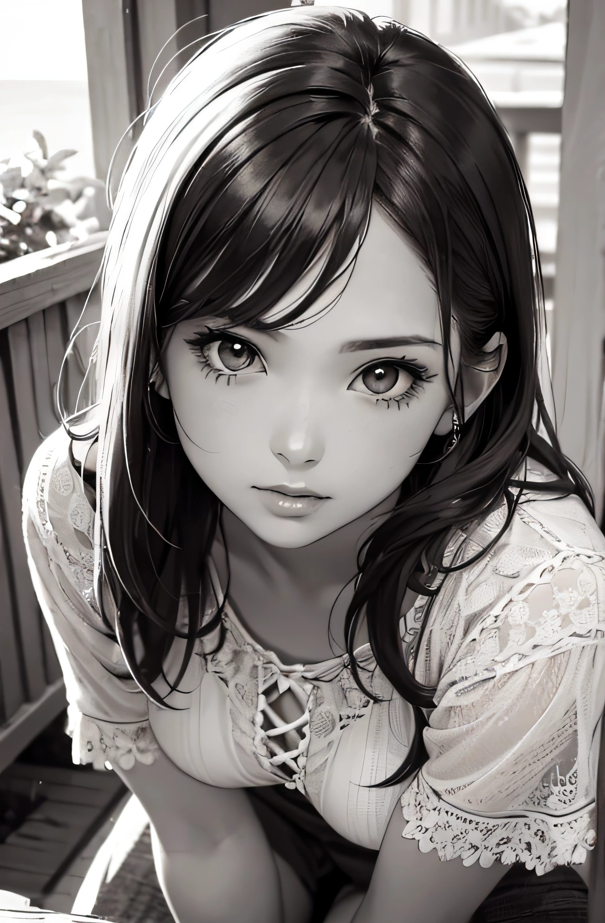 girl in summer clothes, taking a picture crouching, close up picture, medium breasts, flirtatious look, ((very detailed)), (perfectly detailed face), (well detailed hand), (well detailed hand), (well detailed hand) photorealistic image.