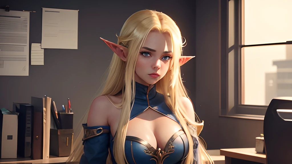 20-year-old blonde elf girl with long hair and blue eyes gives orc in the office. side glance