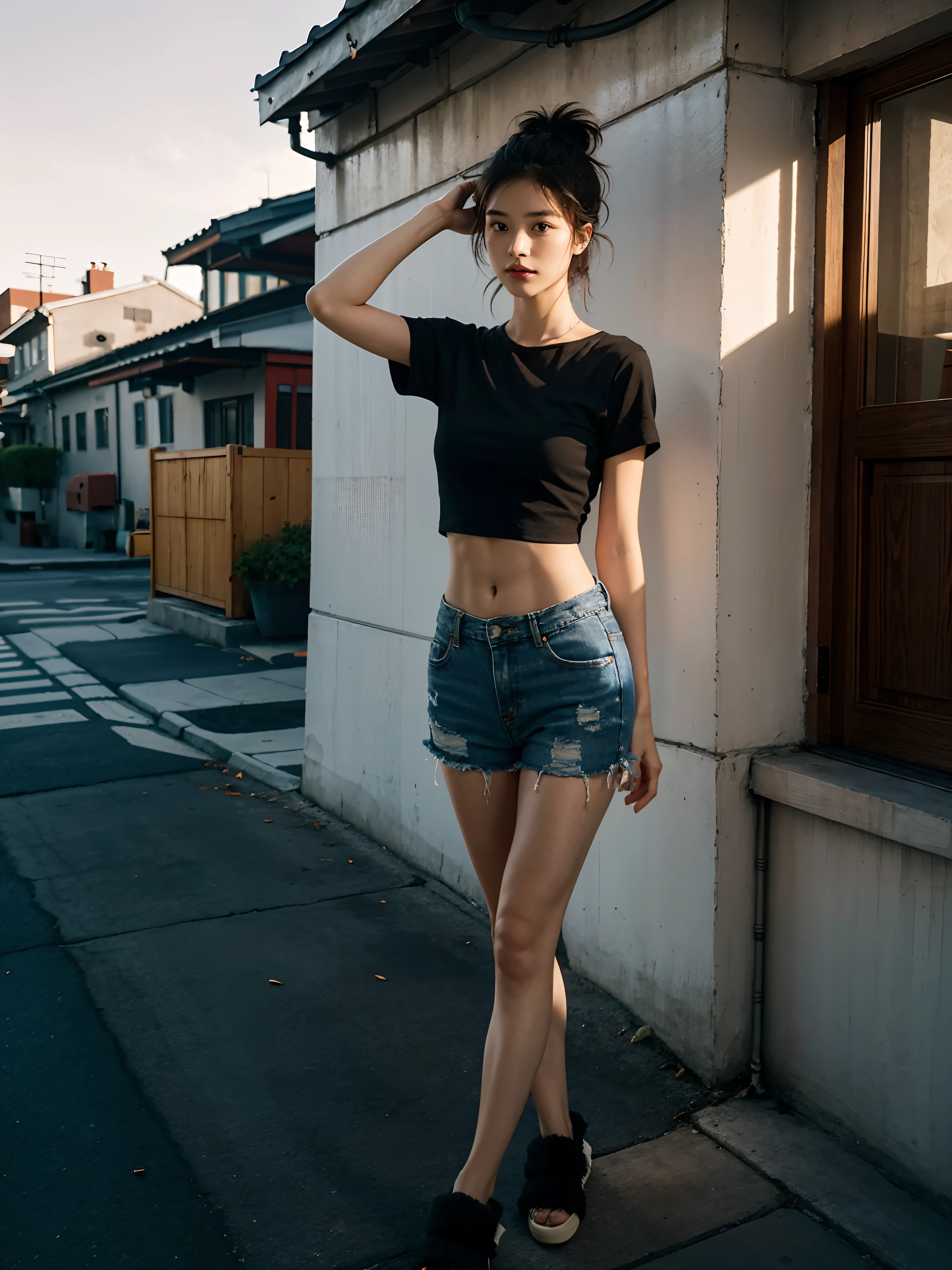 ((smallunderboob,Tomboyish,small heads)), (Well-defined abs: 1.1), (perfect bodies: 1.1), (short-length straighthair: 1.2), Black hair, fully body photo, nabel，（极其细致的CG 8k壁纸），（Extremely refined and beautiful），（tmasterpiece），（best qualtiy：1.0），（超A high resolution：1.0），beautiful light up，Perfect lightning，realistic shaded，[A high resolution]，Delicate skin，ultra - detailed ，Wearing a loose, Oversized black short-sleeved T-shirt，denim short，Elongated legs，flatchest，Slim，emaciated，at the doorstep of a school，are standing，Crowded，Everyone watched，Dusk light，summertime，Cup of coffee in hand，slippers，Hair tied at the back of the head