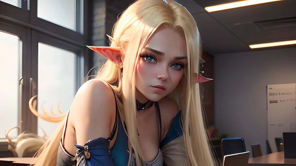 20-year-old blonde elf girl with long hair and blue eyes gives orc in the office. side glance