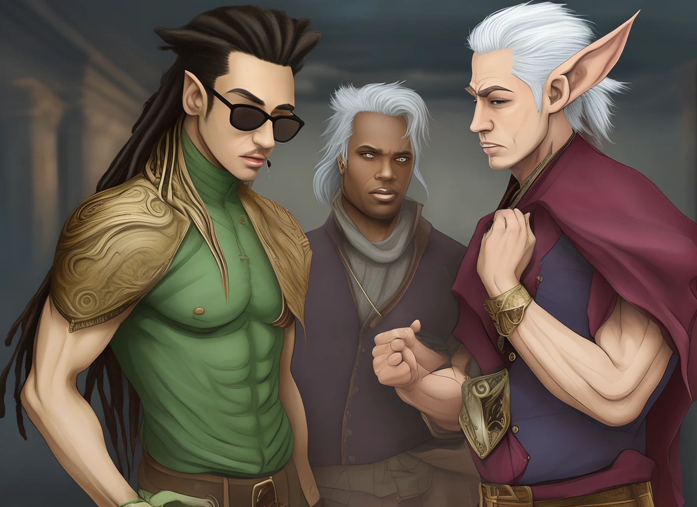 hot sleepy male elf with long hair and glasses and white hair talking with black vampire male with dreads and vitiligo