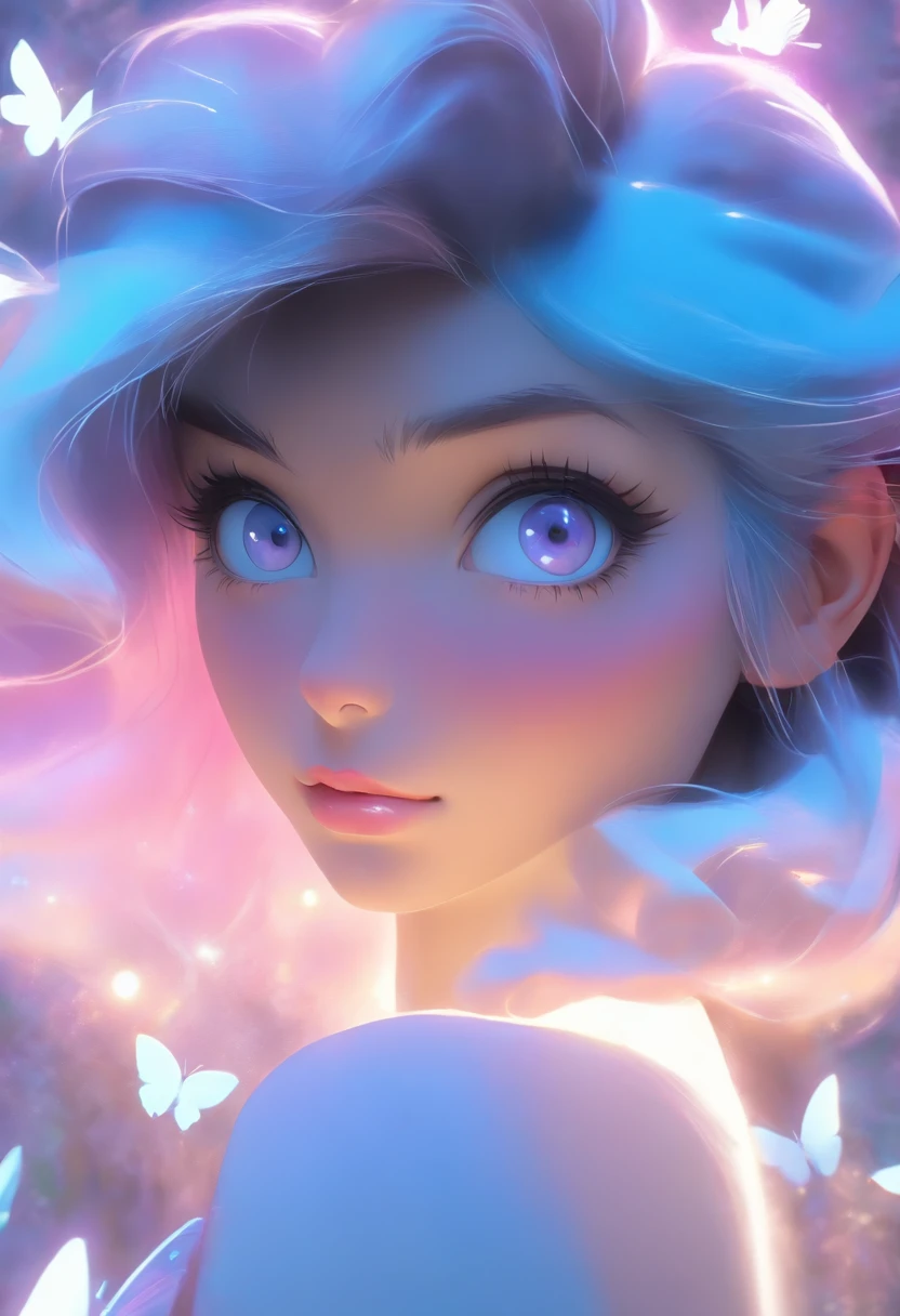 detalhe, realismo, 4k, Mulheres Bonitas, detalhamento facial, Grandes olhos azuis, Plump lips, nariz virado para cima, Cabelo roxo e cabelo grisalho, usando um vestido azul claro, Cat in your hands, Fundo azul do luar, Borboleta branca em primeiro plano, Filmagem realista, profundidade de campos, luz frontal suave, brilhar, NFFSW (PastelColors: 1.2), Canon RF 100mm F2.8L 宏 É USM