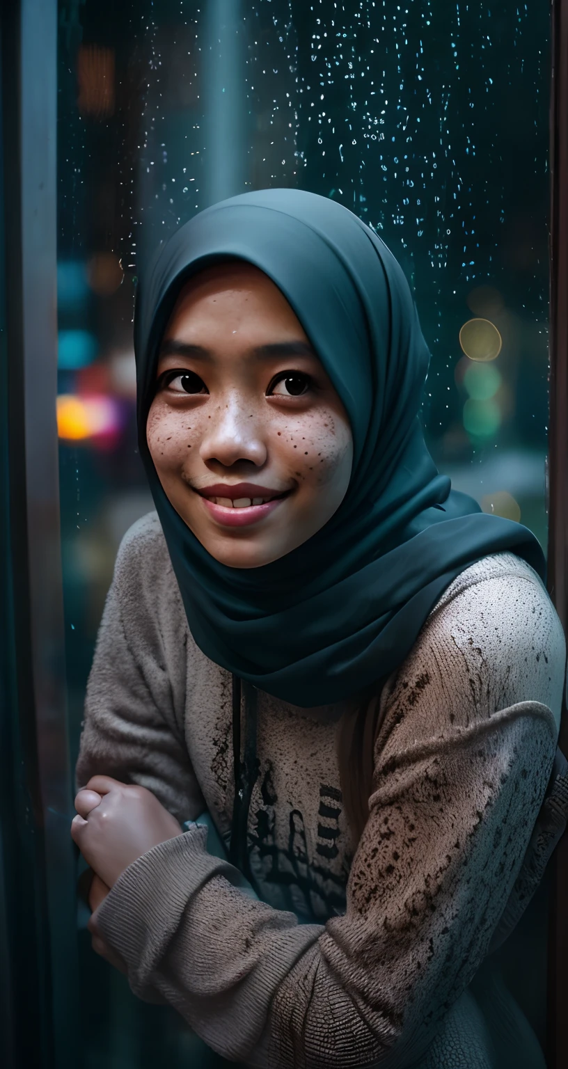 abstract colors, texture, film grain, skin pores, dusty atmospheric haze, vignetting, wrinkles:0.2 intricate hasselblad dslr RAW dramatic portrait photo of malay girl in hijab,1.2 smiling wistfully, petite nerdy goth chick wearing (tight distressed black jeans)1.4, wearing a (long sleeve T-shirt)1.2, (freckles)1.1, analog style eye contact nofilter selfie, posing against a wet rainy window overlooking a rainy (neon solarpunk)1.2 city street at night, (backlit)1.2, (film grain)1.2, cinematic movie still frame, low-rise dark jeans, rose tattoos, combat boots, wistful smile.