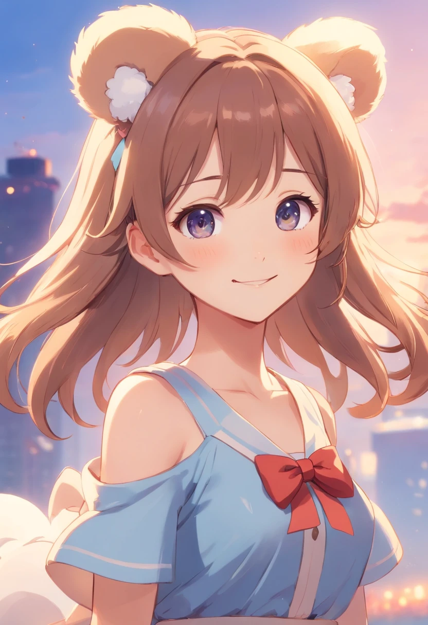 masterpiece、top-quality、Movie stills、1girl、Cloud Girl、floating in sky、a closeup、发光、happiness、Warm soft lighting、the setting sun、(Spark:0.7)big eye: maior、Blinking eyes accentuate cuteness。 Round shape:Round faces and body shapes choose adorability。 tiny body:Short stature and petite body create cuteness。 tender: Color: Bright soft shades、Pastel colors, in particular, accentuate cuteness。 Outwardly characteristic: that the chin and ears are facing outward,、It can give a cute impression。 fluffly:If the fur or hair is fluffy and pleasant to the touch、Adds cuteness。 a smile: A bright and happy smile、It is important to express cuteness。 Accessories and outfits: Cute characters、bow ribbon、Hats、You can wear accessories and outfits such as dresses。