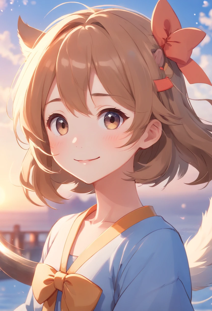 masterpiece、top-quality、Movie stills、1girl、Cloud Girl、floating in sky、a closeup、发光、happiness、Warm soft lighting、the setting sun、(Spark:0.7)big eye: maior、Blinking eyes accentuate cuteness。 Round shape:Round faces and body shapes choose adorability。 tiny body:Short stature and petite body create cuteness。 tender: Color: Bright soft shades、Pastel colors, in particular, accentuate cuteness。 Outwardly characteristic: that the chin and ears are facing outward,、It can give a cute impression。 fluffly:If the fur or hair is fluffy and pleasant to the touch、Adds cuteness。 a smile: A bright and happy smile、It is important to express cuteness。 Accessories and outfits: Cute characters、bow ribbon、Hats、You can wear accessories and outfits such as dresses。