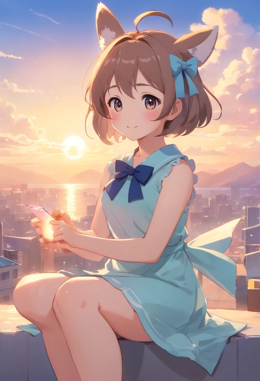 masterpiece、top-quality、Movie stills、1girl、Cloud Girl、floating in sky、a closeup、发光、happiness、Warm soft lighting、the setting sun、(Spark:0.7)big eye: maior、Blinking eyes accentuate cuteness。 Round shape:Round faces and body shapes choose adorability。 tiny body:Short stature and petite body create cuteness。 tender: Color: Bright soft shades、Pastel colors, in particular, accentuate cuteness。 Outwardly characteristic: that the chin and ears are facing outward,、It can give a cute impression。 fluffly:If the fur or hair is fluffy and pleasant to the touch、Adds cuteness。 a smile: A bright and happy smile、It is important to express cuteness。 Accessories and outfits: Cute characters、bow ribbon、Hats、You can wear accessories and outfits such as dresses。