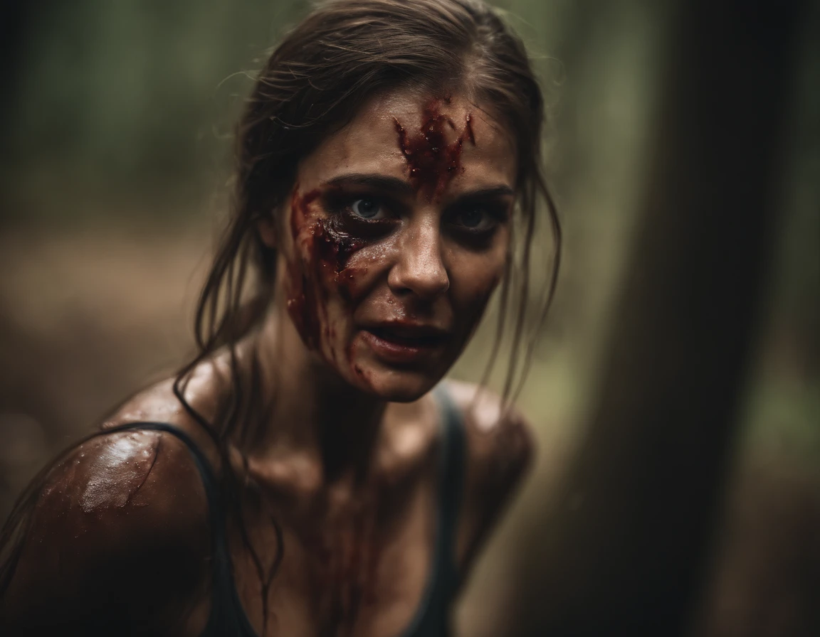 2 Zombies tearing flesh off of scared 1 woman, 8K,Best quality, masterpiece, ultra high res, (photorealistic:1.4), raw photo, (Authentic skin texture:1.3), (film grain:1.3), (selfie angle),1girl,beautiful detailed eyes and face,masterpiece, best quality,close-up,upper bod, zombies, exposed ribs, dirty, decaying, fallen rotten skin, hollow deep sunken eye sockets, rips in skin, ripped skin, wet, moist, moist skin, running, people running, crying screaming, creepy, horror, horror movie, eerie, unsettling, night, nightmare, unnerving, night time, midnight, 8k resolution, high definition, defined faces, Ultra hdr rich tones, professional photograph resolution, titled, tilt shift, bloody