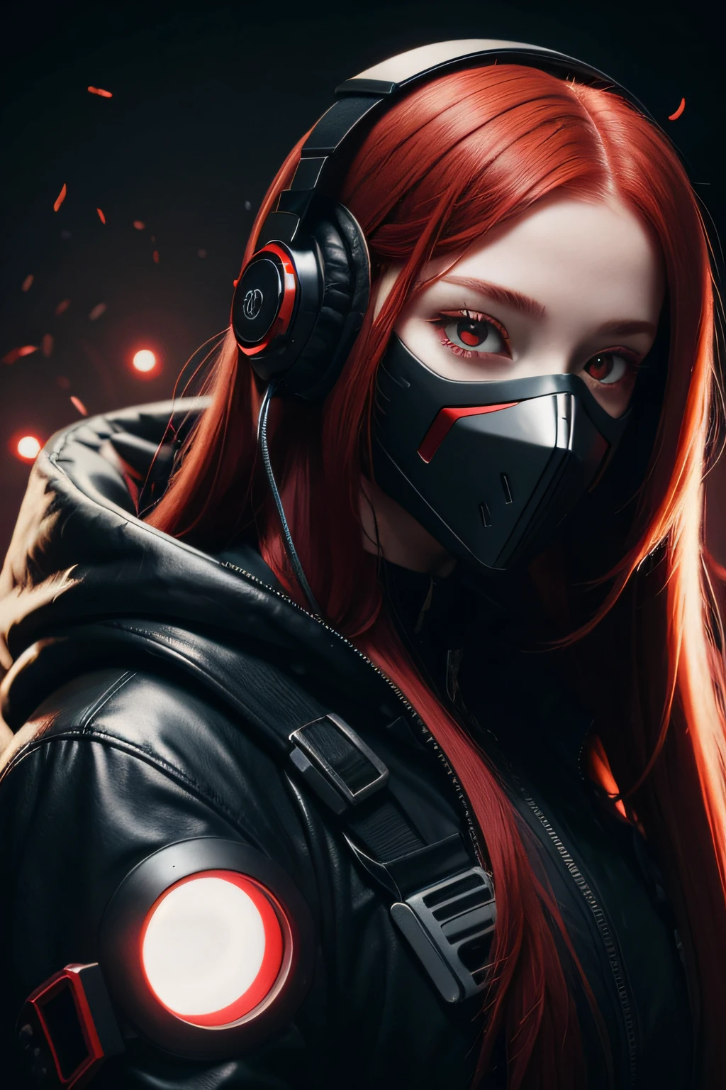 girl with long red hair, red eyes, futuristic vibes, mask on mouth, headphones, 8k, high quality, simple background, glowing eyes, nice pose