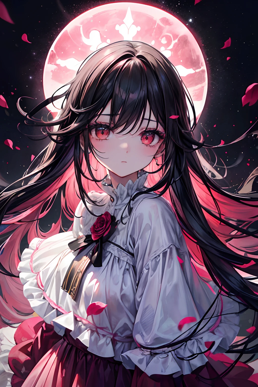chica, ((cabello de color rosado intenso conmbinado negro:1.2)), sosteniendo una flor rosa muerta, campo de flores de noche, Luz de luna sutil, bright petals, detalles delicados, dynamic perspective, hálo, serene and melancholy expression, Contraste enriquecido, Sombras profundas