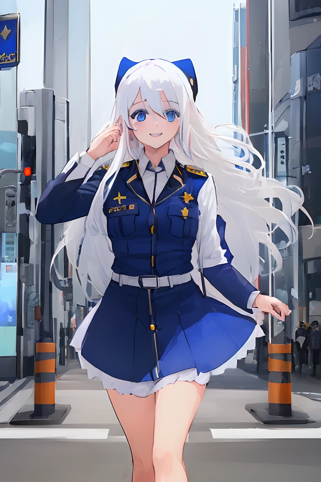 ((((1 girl)))), ((((solo)))), fullbody, ((((white hair)))), long hair, ((((blue eyes)))), happy, smile, 18 year old, dynamic angle, (((police uniform))), Halloween cosplay, in tokyo