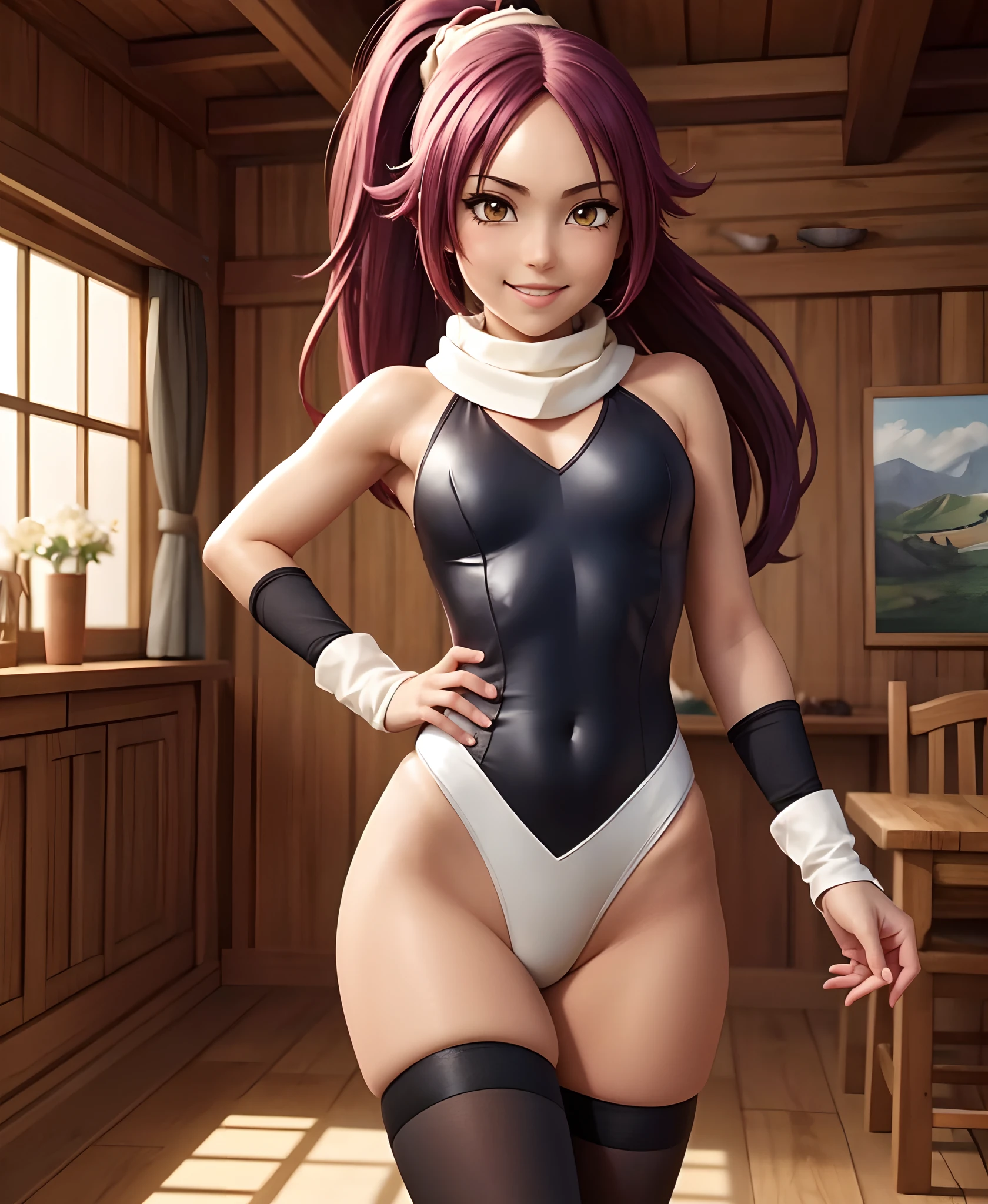 (masterpiece, best quality:1.2), cowboy shot, solo, 1girl, shihouin yoruichi, smile, looking at viewer, ponytail, leotard, thighhighs, white scarf