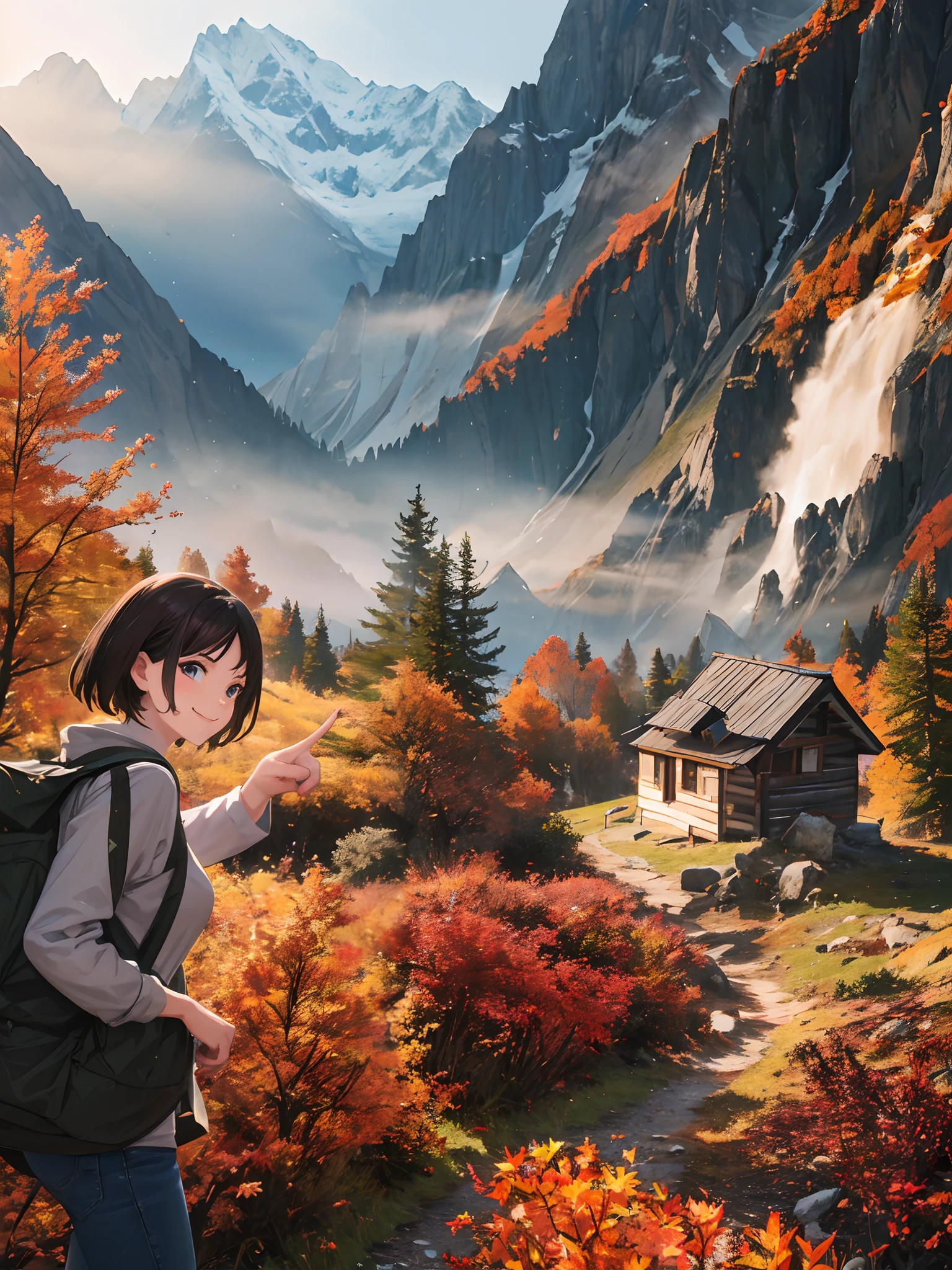 A woman's face pointing at a mountain hut and turning towards me with a smile