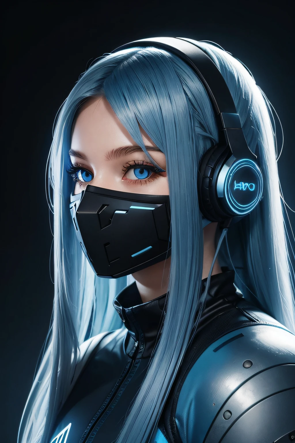 girl with long blue hair, blue eyes, futuristic vibes, mask on mouth, headphones, 8k, high quality, simple background, glowing eyes, nice pose