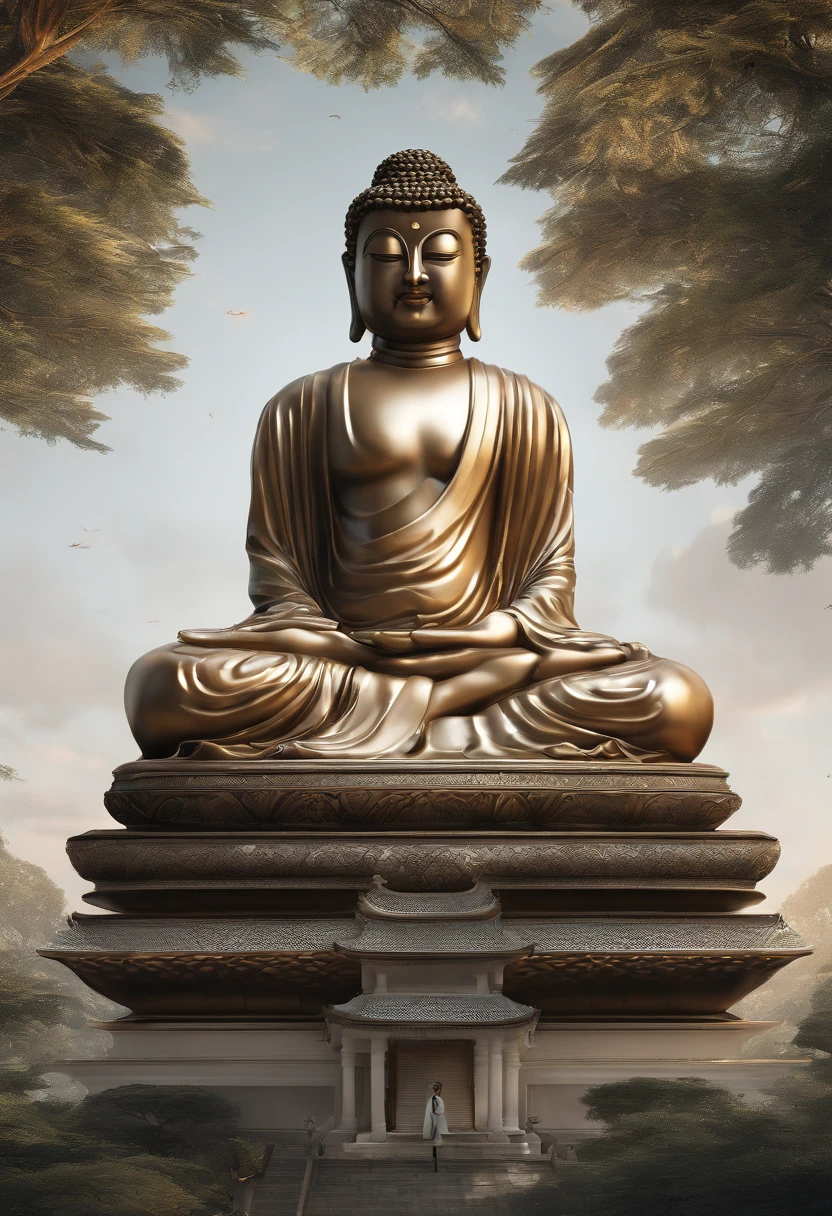 Buddha, the inaugural sermon, the great one. Located in the middle of the forest, surrounded by tall, majestic trees. In front of the Buddha is a large courtyard. There is a temple pavilion with an ancient architectural cubicle, beautiful and beautiful, with soft light shining through the trees.
