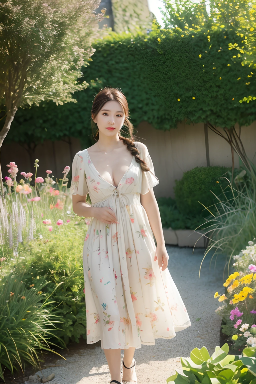 Woman, look at viewr, french braid hair , Flower Holter Dress, cleavage, Garden landscape design, (Rim Light)