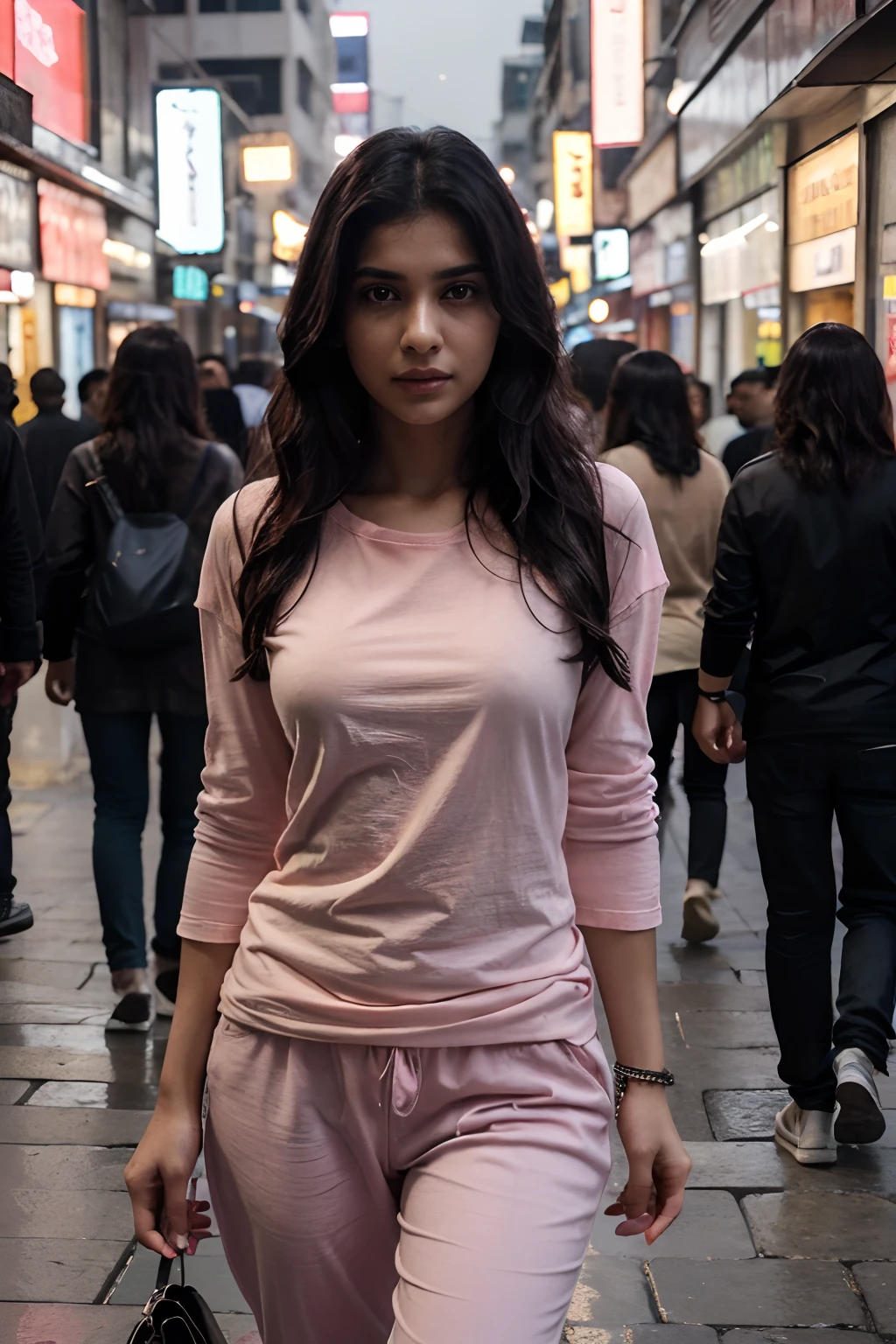 Photo of 24 year old Pakistani beautiful woman, ((wearing light Pink round neck baggy tee-shirt)). Regular fit Teeshirt baggy style, no print on Teeshirt, RAW, beautiful woman, (black hair with extra long wavy), amzing hair, very detailed dark brown eyes, skinny grey jeans, medium size breast, ((portrait)), (Detailed face: 1.2)), (Detailed facial features)), (Fine skin), pale skin, normal lips colour, perfect face, beautiful face, high detail, slim body, (cold color), wet, moist, reflection, (masterpiece) ( Perfect proportions) (realistic photos) (highest quality) (detail) shot with Canon EOS R5, 50mm lens, f/2.8, HDR, (8k) (wallpaper) (movie lighting) (dramatic lighting) (sharp focus) (complex) fashion, full body shot, wearing wrist watch with bracelet's, she's walking on shopping street in Karachi, Pakistani people on background.