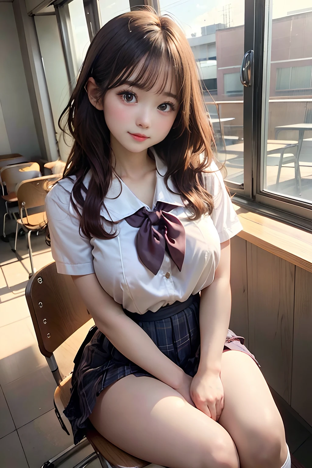 Top image quality　4K picture quality　8K picture quality　Japan Beauty、huge tit、g-cup、Height 150 cm、20yr old、Light brown hair bob short hair、a baby face、with round face、cute little、nogizaka、idol、hot、with blush cheeks、sexual excitement、Cowgirl posture、Sitting on a chair in a classroom、Wearing a school uniform、big breasts thin waist、skinny legs、Looking up at me、Being in a high school classroom、There is a window in the back where the setting sun comes in.、SEX