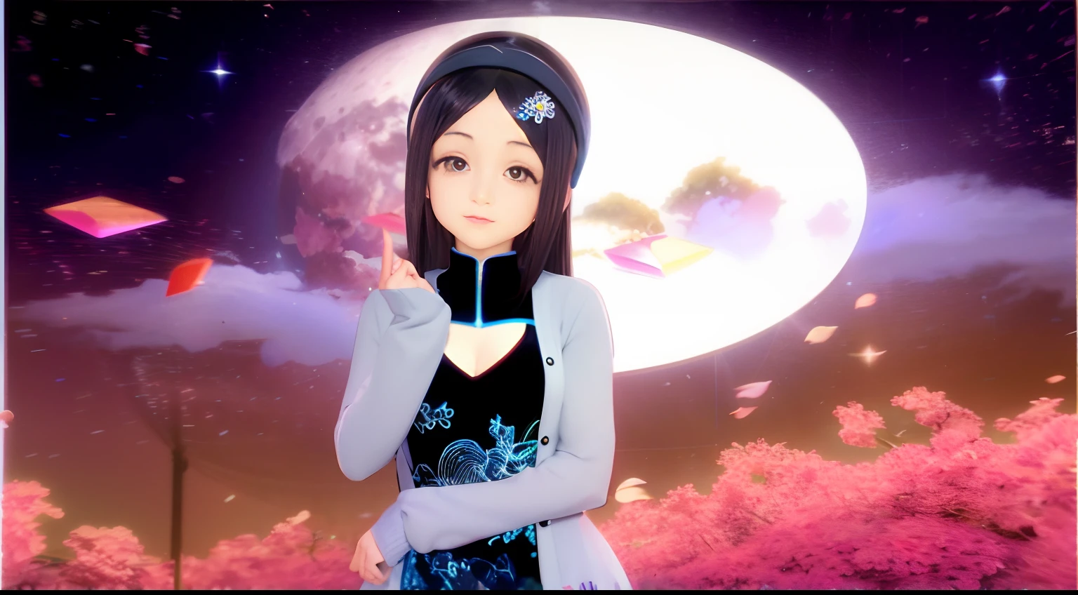 Anime girl in blue dress standing in front of full moon, Hinata Hyuga, render of a cute 3d anime girl, Maya Fey from Ace Attorney, anime styled 3d, rin, Inspired by Ai-Mitsu, Harunosakura, April Impressions, Inspired by Lü Ji, Hana Yata, Inspired by Yuki Ogura