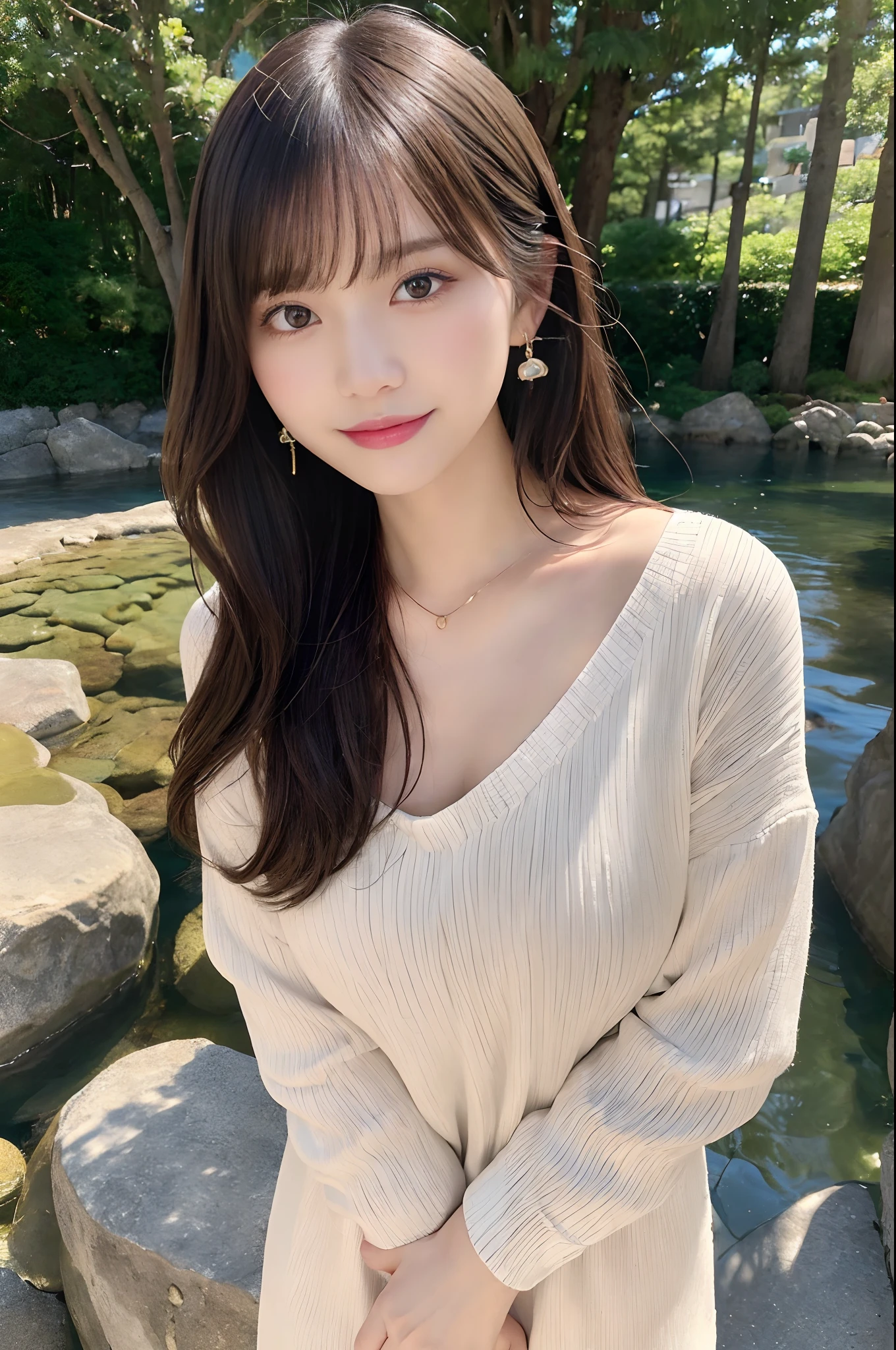(A hyper-realistic), (illustratio), (hight resolution), (8K), (ighly detailed), (The best illustrations), (Beautiful detailed eyes), (top-quality), (ultra-detailliert), (​masterpiece), (wall-paper), (详细的脸), (beautiful smiling face)、(Beautiful expression)、(A dark-haired)、(long)、 Face back、Black eyes、Earrings with bangs、a necklace、 独奏、(((Cute Japan Beautiful Girl)))、  ((Beautiful Japan girl 20 years old))、 (((Casual clothing)))、((Baby face))、 (((Slender body)))、 ((Full body subject))、(The whole body is shown)、  ((Open your legs wide while standing:8.5!!!!、 Pleasure))、You can also see the legs and toes、Realistic hair、 photographed:Canon EOS R6、135 mm、1/1250 seconds、F2.8、ISO 400