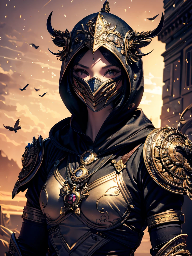 hight resolution、masterpiece、top-quality、ultra-detailliert、masterpiece、Very delicate、foco nítido、lighting like a movie、One adult woman、Depiction of the upper body、Black light armor with intricate patterns、Wearing a hood、Mask covering the nose and mouth、Flash from right hand、sky at night、 battle field、detailed face depiction、Detailed hand depiction、watching at viewers