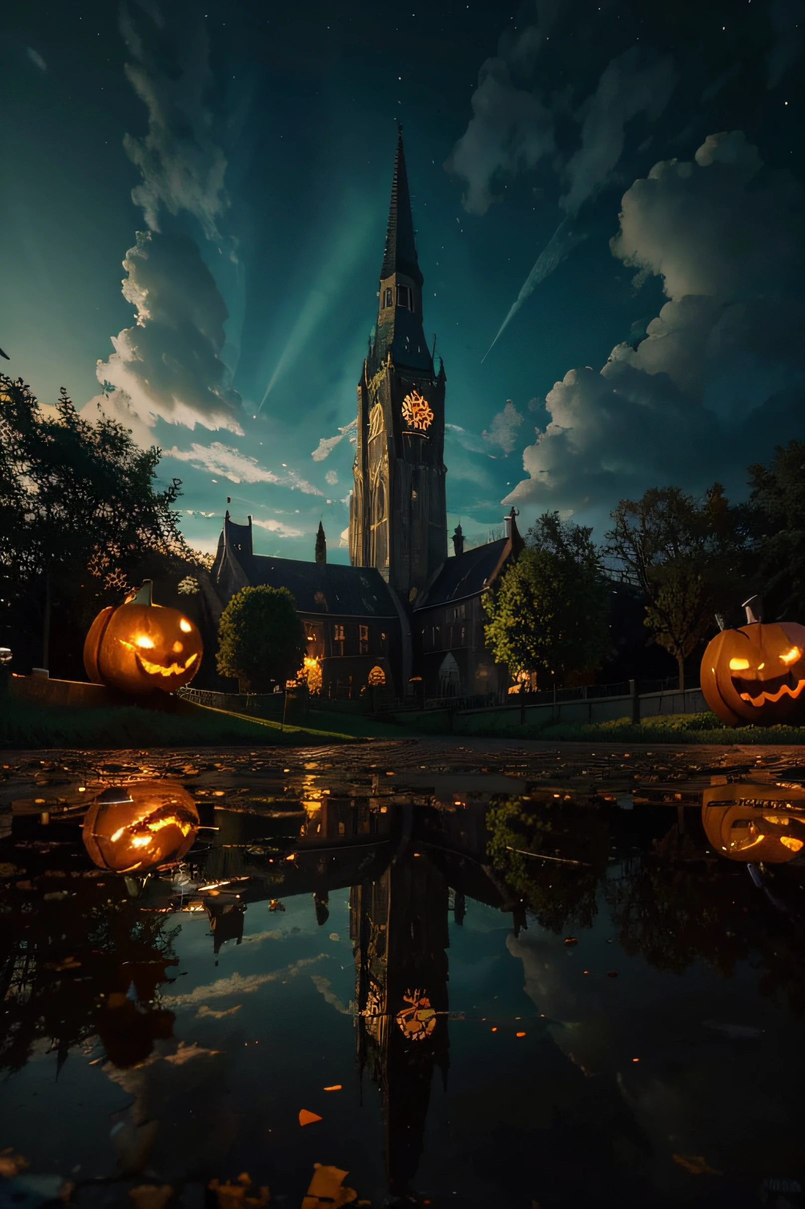 Halloween floating lights, Cinematic light and reflection, glowing lights, Metaverse Intermediate Elements，digital painting, Bright reflections, reflect, Halloween Jack-o'-lantern, Quiet night, digital illustration, Pleasant atmosphere, Skylights at night , Quiet atmosphere at night, Jack-o'-lantern, Halloween, At night, Thémon, The game scene, Halloween, surrounded by clouds, Buildings in medieval Europe, Enameled tiles, EU, Beautiful colors, There are three arches in foreground((Colored ink)), ((Splash ink)), ((Splash ink) Inky})), tmasterpiece, High career, Beautiful graphics, High details,magnificent, Eeklo, church tower, lasers greens