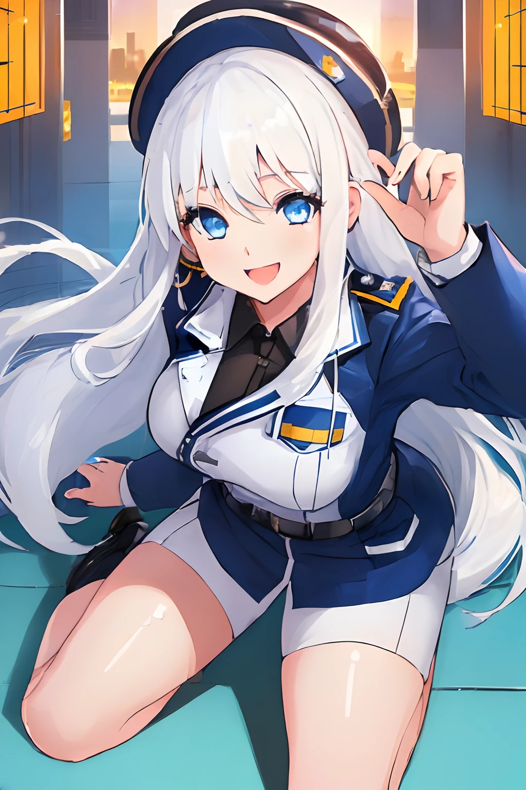 ((((1 girl)))), ((((solo)))), fullbody, ((((white hair)))), long hair, ((((blue eyes)))), happy, smile, 18 year old, dynamic angle, (((police uniform))), Halloween cosplay, in tokyo