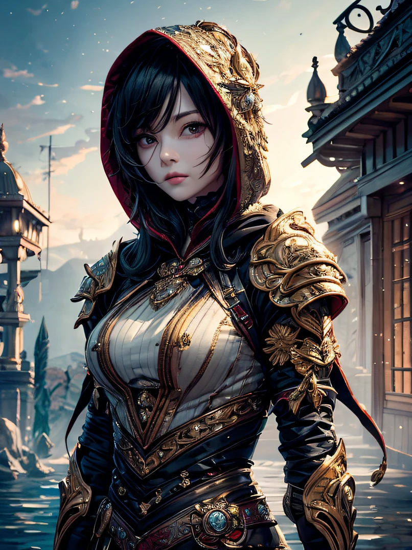 hight resolution、masterpiece、top-quality、ultra-detailliert、masterpiece、Very delicate、foco nítido、lighting like a movie、One adult woman、Depiction of the upper body、Black light armor with intricate patterns、Wearing a hood、Mask covering the nose and mouth、Flash from right hand、sky at night、 battle field、detailed face depiction、Detailed hand depiction、watching at viewers