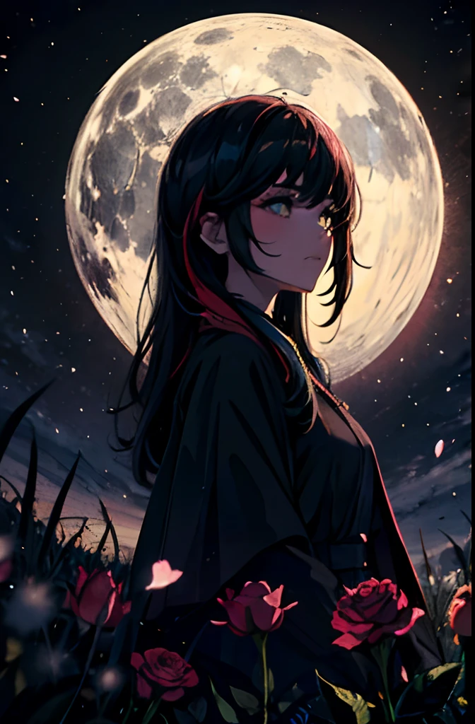 chica, ((cabello de color rosado y negro:1.2)), echada en un campo de flores, campo de flores de noche, Luz de luna sutil, bright petals, detalles delicados, dynamic perspective, hálo, serene and melancholy expression, Contraste enriquecido, Sombras profundas