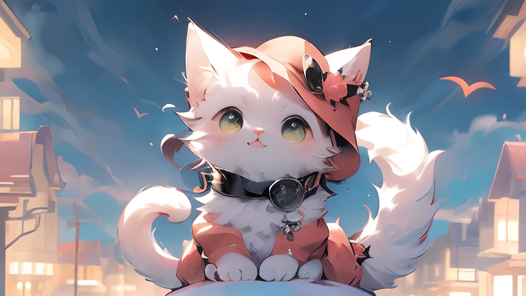 (masutepiece:1.2, High quality),Cat, absurderes, hight resolution, ultra-detailliert, Cats, White cat、kawaii、Red and black dress、Red and black clothes、accessorized、kirakira、Black beret、He wears a fine black hat、frilld、Ocean wind、Will、A city scape、Luxury residential area、natta、With background