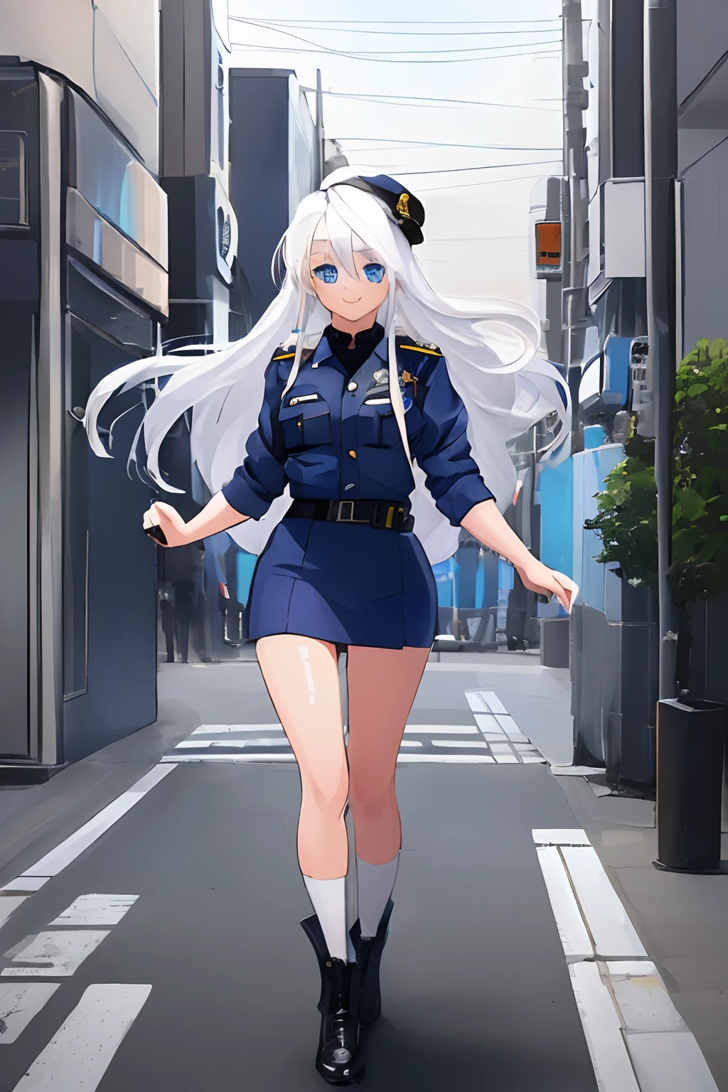((((1 girl)))), ((((solo)))), fullbody, ((((white hair)))), long hair, ((((blue eyes)))), happy, smile, 18 year old, dynamic angle, (((police uniform))), Halloween cosplay, in tokyo