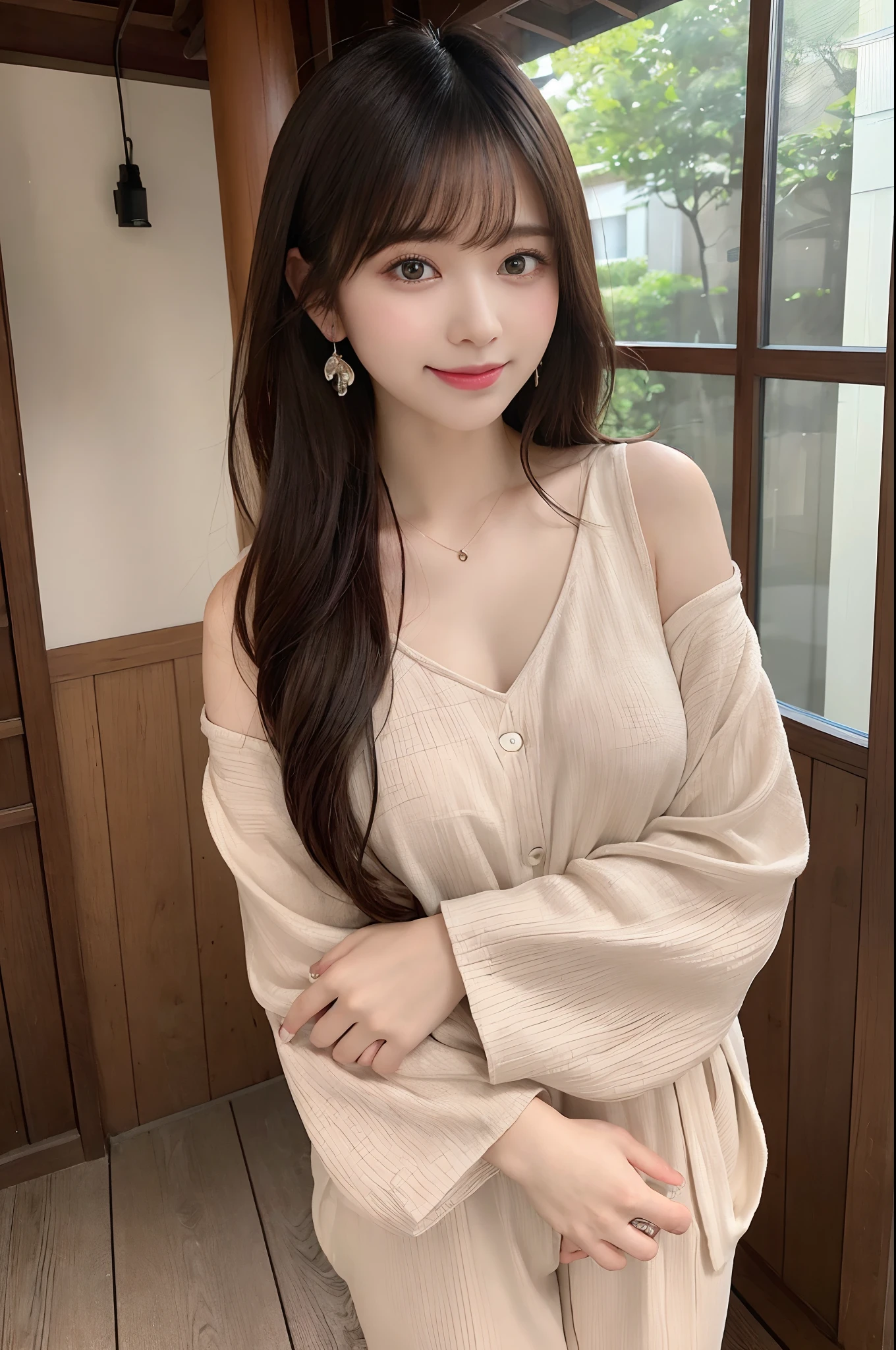(A hyper-realistic), (illustratio), (hight resolution), (8K), (ighly detailed), (The best illustrations), (Beautiful detailed eyes), (top-quality), (ultra-detailliert), (masterpiece), (wall-paper), (详细的脸), (beautiful smiling face)、(Beautiful expression)、(A dark-haired)、(long)、 Facing up、Black eyes、Earrings with bangs、a necklace、 独奏、(((Cute Japan Beautiful Girl)))、 ((Beautiful Japan girl 20 years old))、 (((Casual clothing)))、(())、 (((Slender body)))、 ((Full body subject))、(The whole body is shown)、 ((Open your legs wide while standing:8.5!!!!、 Pleasure))、You can also see your feet and toes、Realistic hair、 photographed:Canon EOS R6、135 mm、1/1250 seconds、F2.8、ISO 400