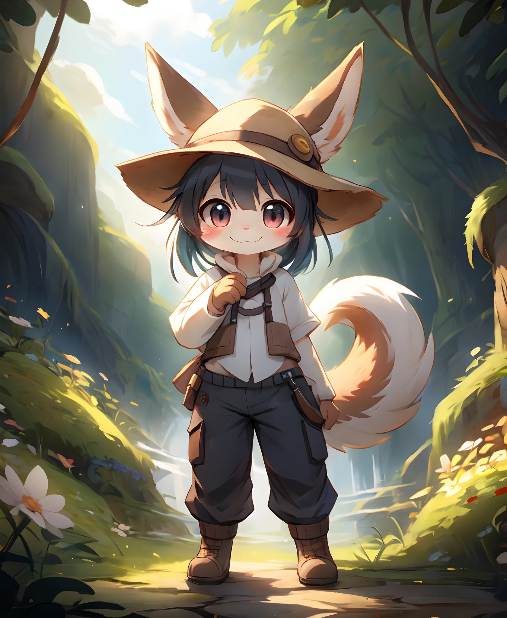 nanachipants, standing , fluffy, :D, cute, 1girl, solo, furry, nanachi \(made in abyss\), nanachihat, looking at viewer, smile,