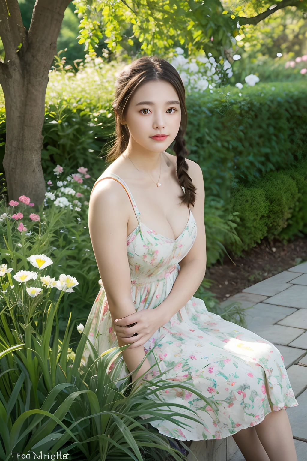 Woman, look at viewr, french braid hair , Flower Holter Dress, cleavage,  Garden landscape design, (Rim Light)