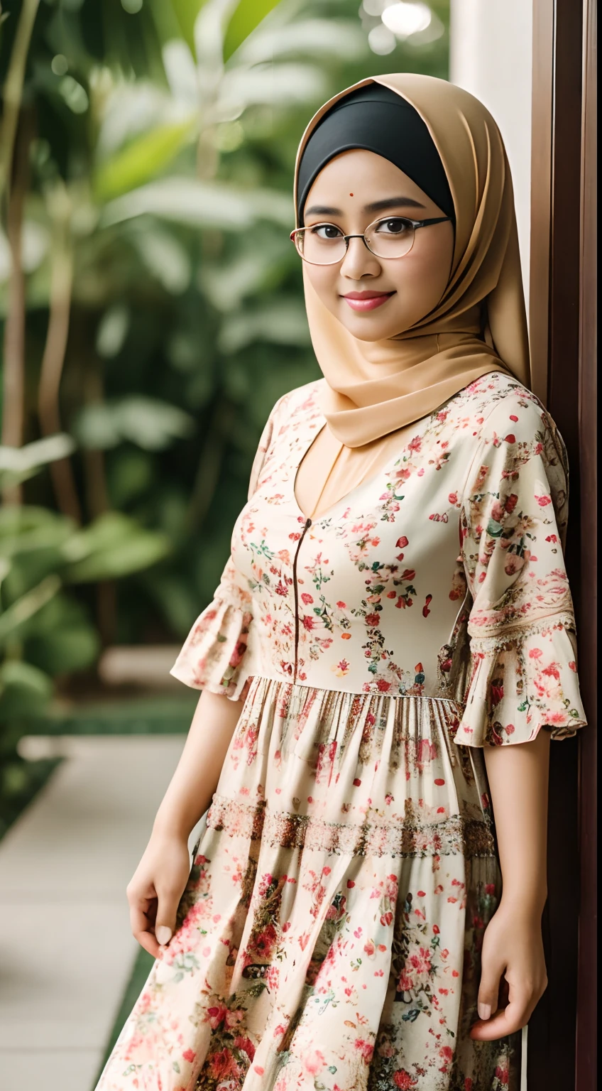 (iu:0.8),cleavage, RAW, Best quality, high resolution, Masterpiece: 1.3, Beautiful glasses hijabi javanese girl wearing floral sundress with high_slit, Masterpiece, Soft smile