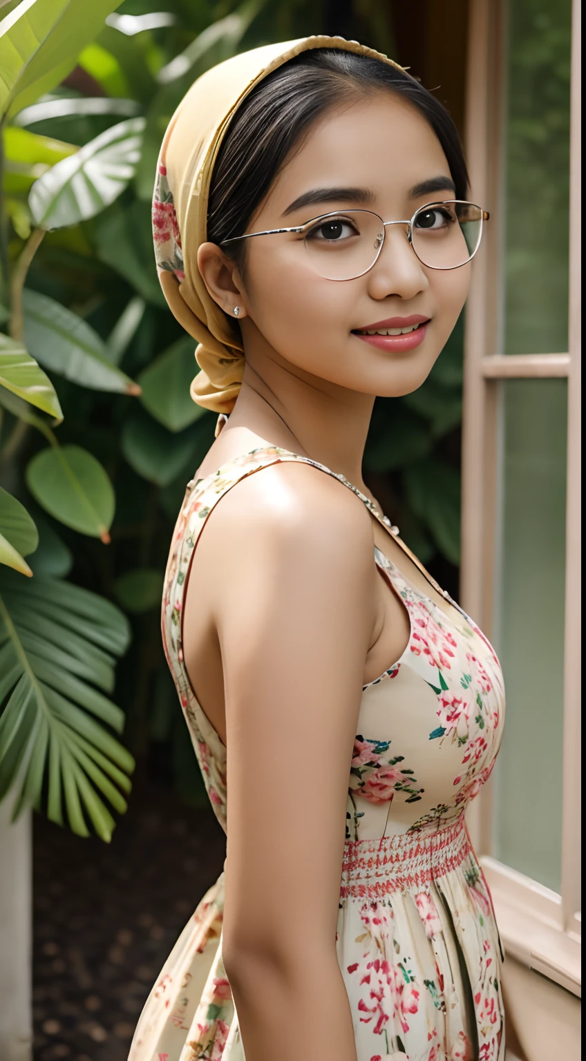 (iu:0.8),cleavage, RAW, Best quality, high resolution, Masterpiece: 1.3, Beautiful glasses hijabi javanese girl wearing floral sundress with high_slit, Masterpiece, Soft smile