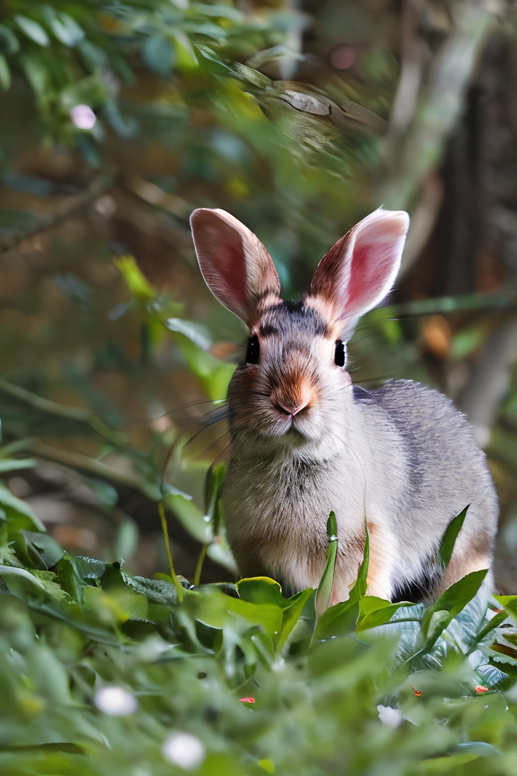 (Best quality,high resolution,Masterpiece:1.2), (Realistic,Photorealistic,photo-realistic:1.37), a cute bunny, Gaze at the map like a human, Walk through the forest,Towering trees，Flowers all over the ground，Foliage vines,Small river water. Look for directions,The rabbit's fur is snow-white，Pure and smooth like fresh milk. Its eyes shimmered with a translucent glow, It's like two sapphires set in its face, Curious and energetic. Its eyes are fixed on the map.