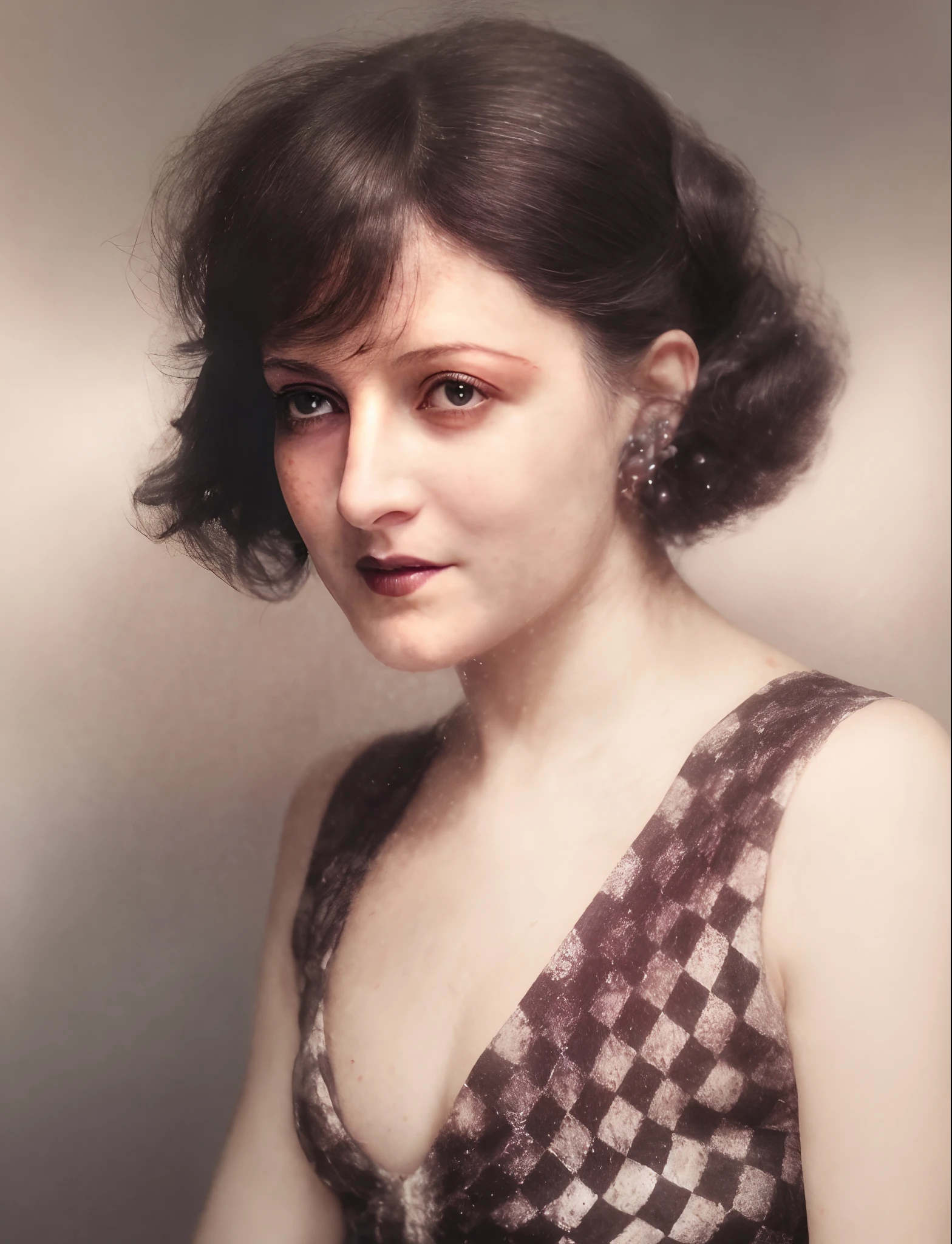 arafed woman with a checkered dress posing for a picture, autochrome pearl portrait, color portrait, color studio portrait, art deco portrait, colourized, hand - tinted, glamour portrait, 8k artistic 1920s photography, 1 9 2 0 ’ s colored pencil, vintage color photo, 1 9 2 0 s film actress, (skin blemish:1.2), (skindentation), freckles, moles, wrinkles, or blemishes, pores, skin texture, and fine lines, 8k portrait, detailed intricate fabric texture, (charcoal black theme:1.3), spiral patterns, body freckles, bright, high quality image, masterpiece, detailed hair texture, detailed skin texture, detailed cloth texture, 8k, add fabric details, ultra detailed skin texture, ultra detailed photo, skin pores, cloth details, high skin details, realistic hair details, (8K, RAW photo, best quality, masterpiece:1.2), (realistic, photo-realistic:1.4), ultra-detailed (grainy:0.2)