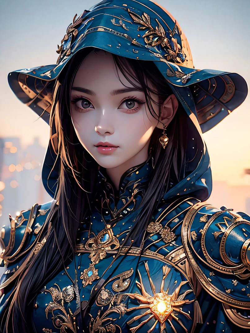 hight resolution、masterpiece、top-quality、ultra-detailliert、masterpiece、Very delicate、Photorealsitic、foco nítido、lighting like a movie、One adult woman、Depiction of the upper body、face lights、Black light armor with intricate patterns、Wearing a hood、Mask covering the nose and mouth、Flash from right hand、sky at night、 battle field、detailed face depiction、Detailed hand depiction、watching at viewers