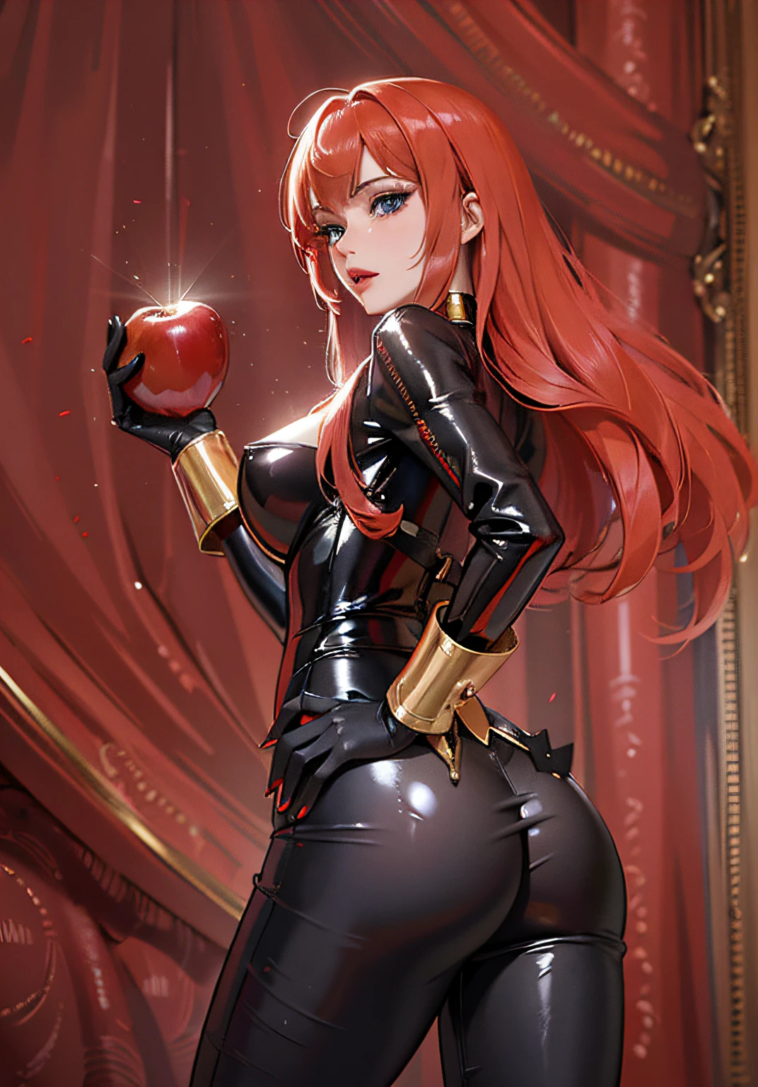 a digital illustration featuring a red-haired woman. The woman is dressed in a skin-tight shiny black latex leather bodysuit adorned with gold accents. In her raised right hand, she holds a bright red apple. The woman's left hand is tucked behind her back. Her blue eyes are looking directly at the viewer, creating an engaging effect. The background is composed of variations of the color red, enhancing the overall vibrancy of the depiction.