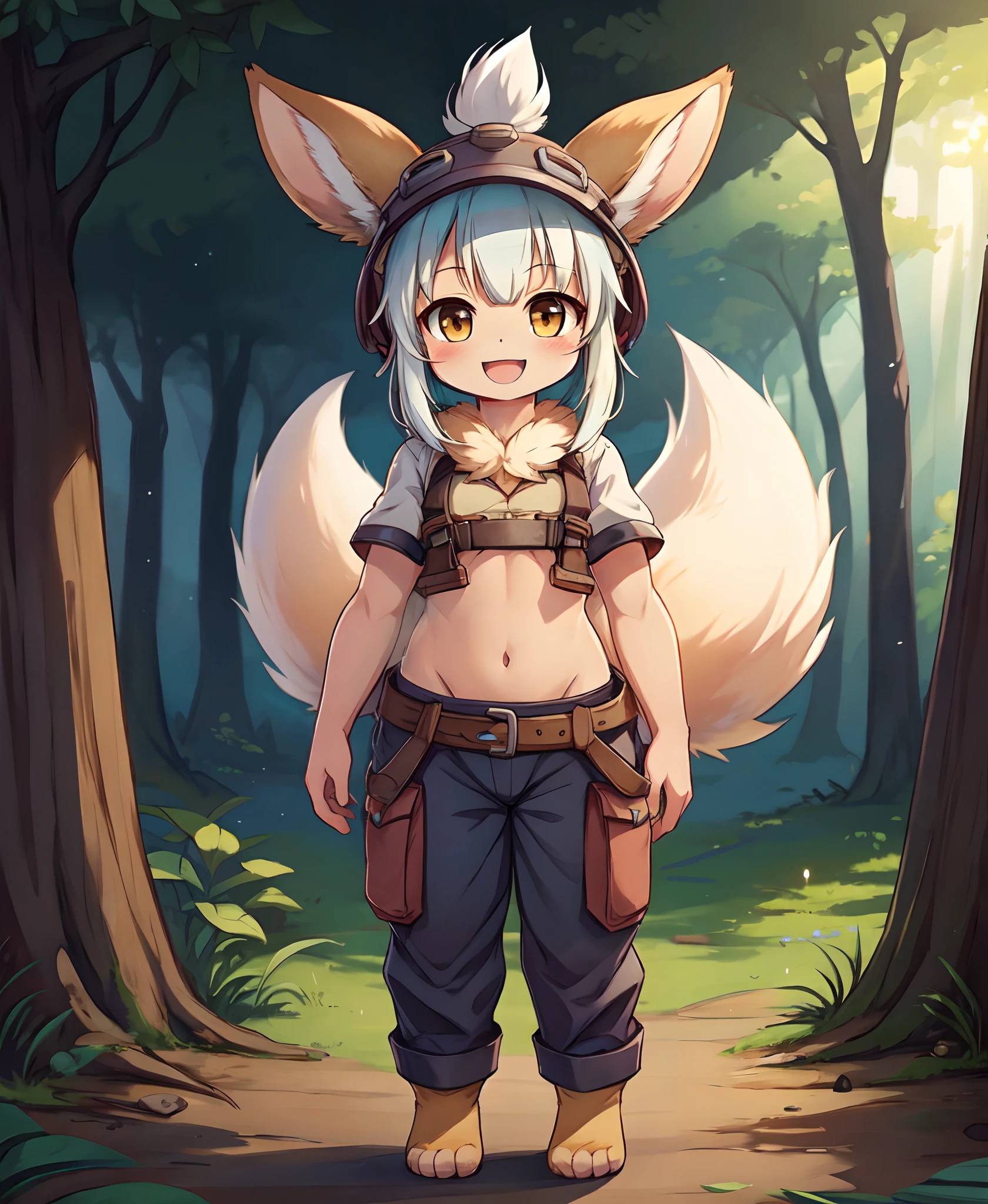 nanachipants, standing , fluffy, :D, cute, 1girl, solo, furry, nanachi \(made in abyss\), nanachihat, looking at viewer, smile,