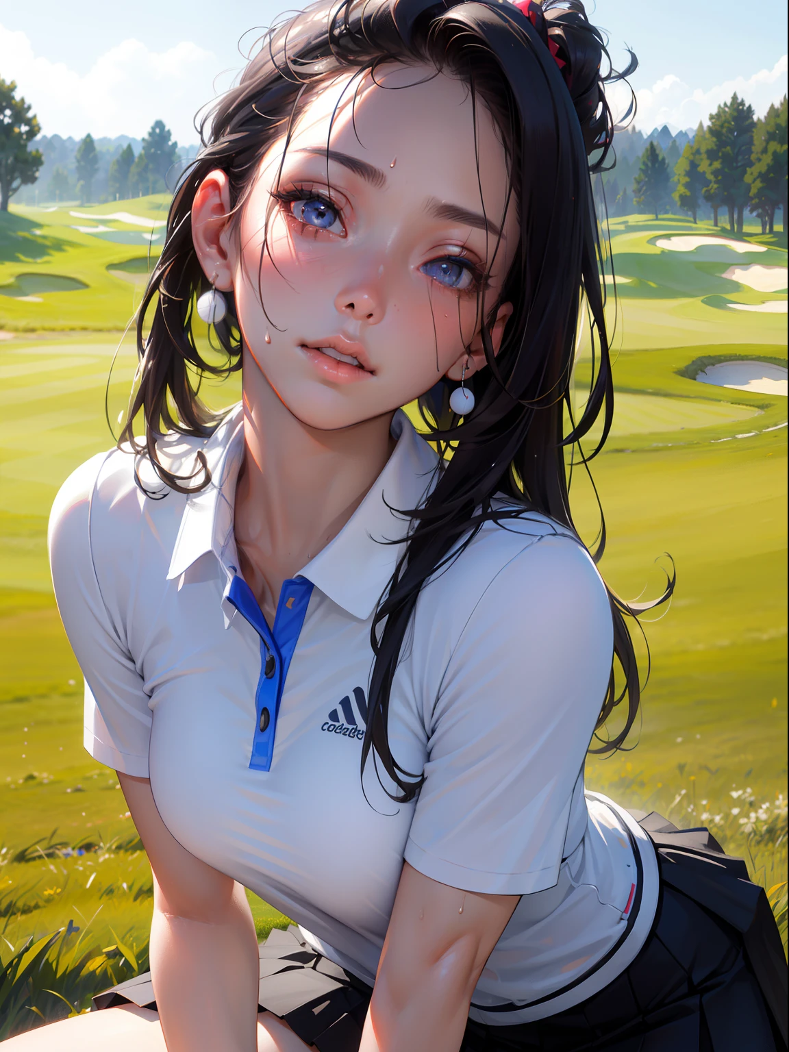 Best Quality, masutepiece, High resolution, (Photorealistic:1.4), Raw photo, 1 beautiful girl ,Female Golf Players, Skirt,small head,Large breasts,nice legs, Glowing skin, Sweat,Smash a golf ball,In the field of golf,(Detailed beautiful face:1.4),detailed skins,Detailed eyes,detailed hairs,Cool,Beautiful,