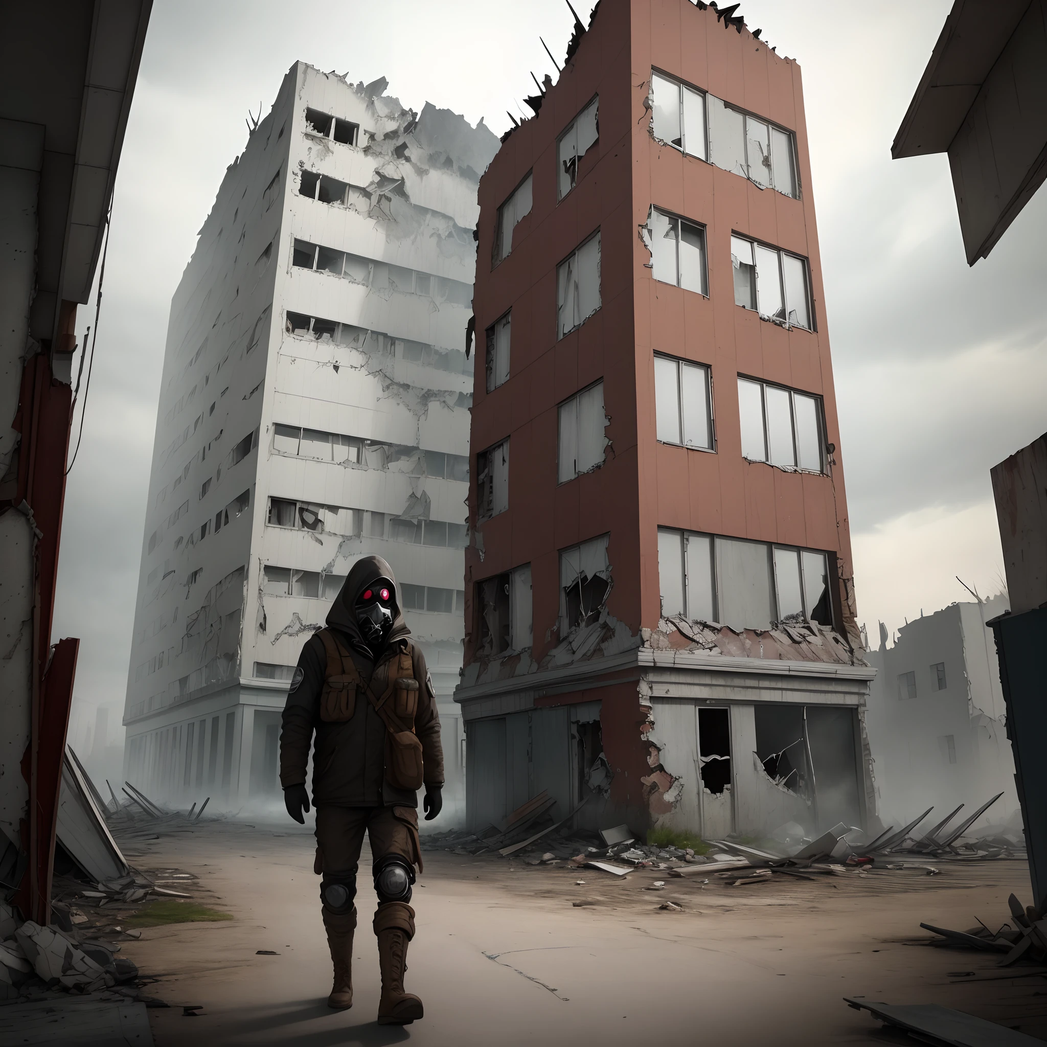 Guy with a french mustache in a post apocalyptic world facing the camera with a long nose gasmask thst you can see the emotion of depression behind the mask and a long road behind him with 1 abandoned builing thats still standing with no windows or doors thats a rusted white colour on the left and one builing collapsed on the right with boarded up windows. Digital art 8k