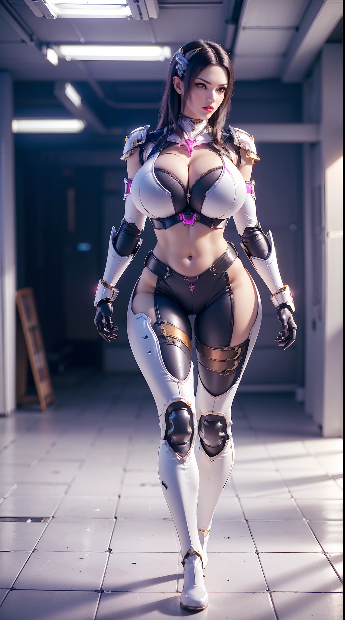 (1GIRL,SOLO:2), (super detailed face), ((BIG BUTTOCKS, HUGE FAKE BREASTS:1.5)), (CLEAVAGE TOP:1.5), (MUSCLE ABS FEMALE:1.4), (MECHA GUARD ARM:1.4), ((WEAR MAGENTA WHITE OVERWATCH MECHANICAL ARMOR CROP TOP, BLACK MECHANICAL SKINTIGHT SUIT PANTS, MECHA GUARD ARMOR LEGS, HIGH HEELS:1.5)), (NSFW LEWD VOLUPTUOUS BODY:1.3), (GLOSSY SKIN:0.8), (LONG LEGS, FULL BODY:1.1), (LOOKING AT VIEWER:1.3), (female focus:0.886), (WALKING DOWN HALLWAY OF FUTURISTIC SPACE STATION:1), (BRIGHT LIGHT WHITE_ROOM:1.3), SUPER TEXTURE, UNREAL ENGINE RENDER, PHYSICALLY-BASED RENDERING, ULTRA HIGHT DEFINITION, 16K, 1080P.