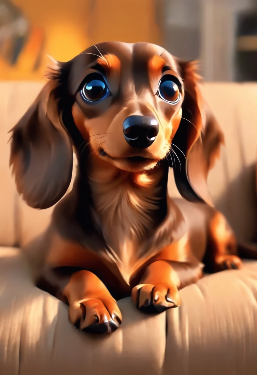 （the whole body is brown：1.8），Brown miniature dachshund，on a couch，Looking at the camera，（Shake your head：1.5），biologically correct