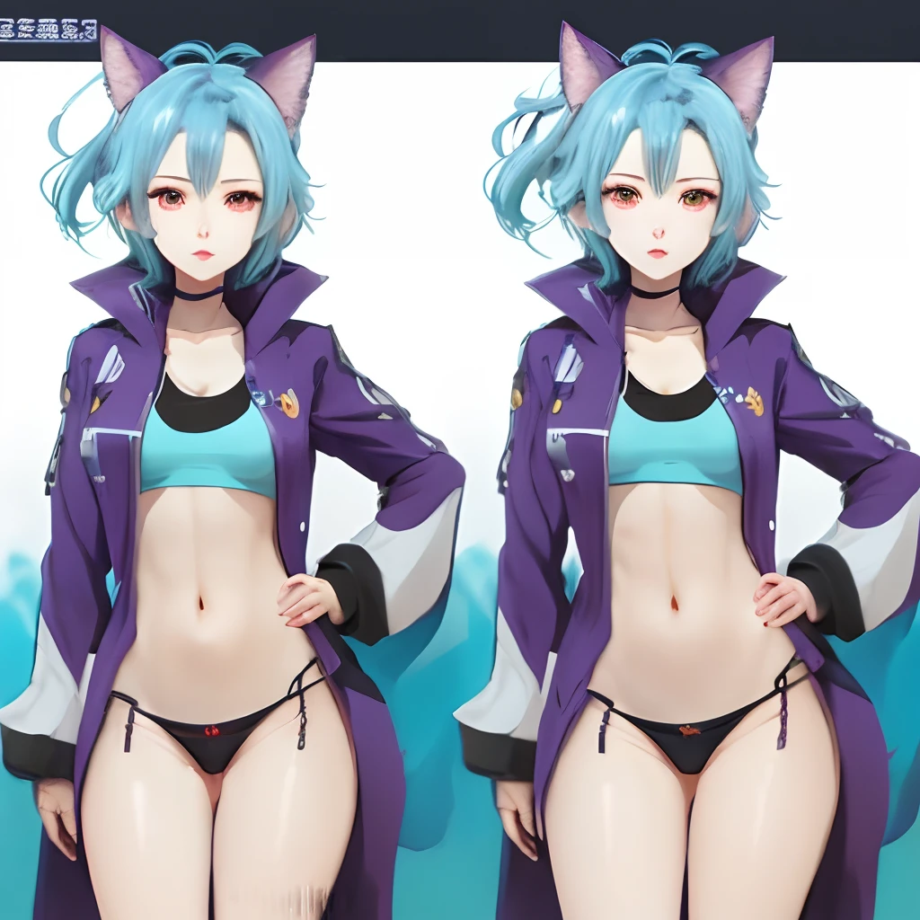 blue  hair，female pervert，Coordinated body proportions，good body，delicated face，a purple eye，style of anime