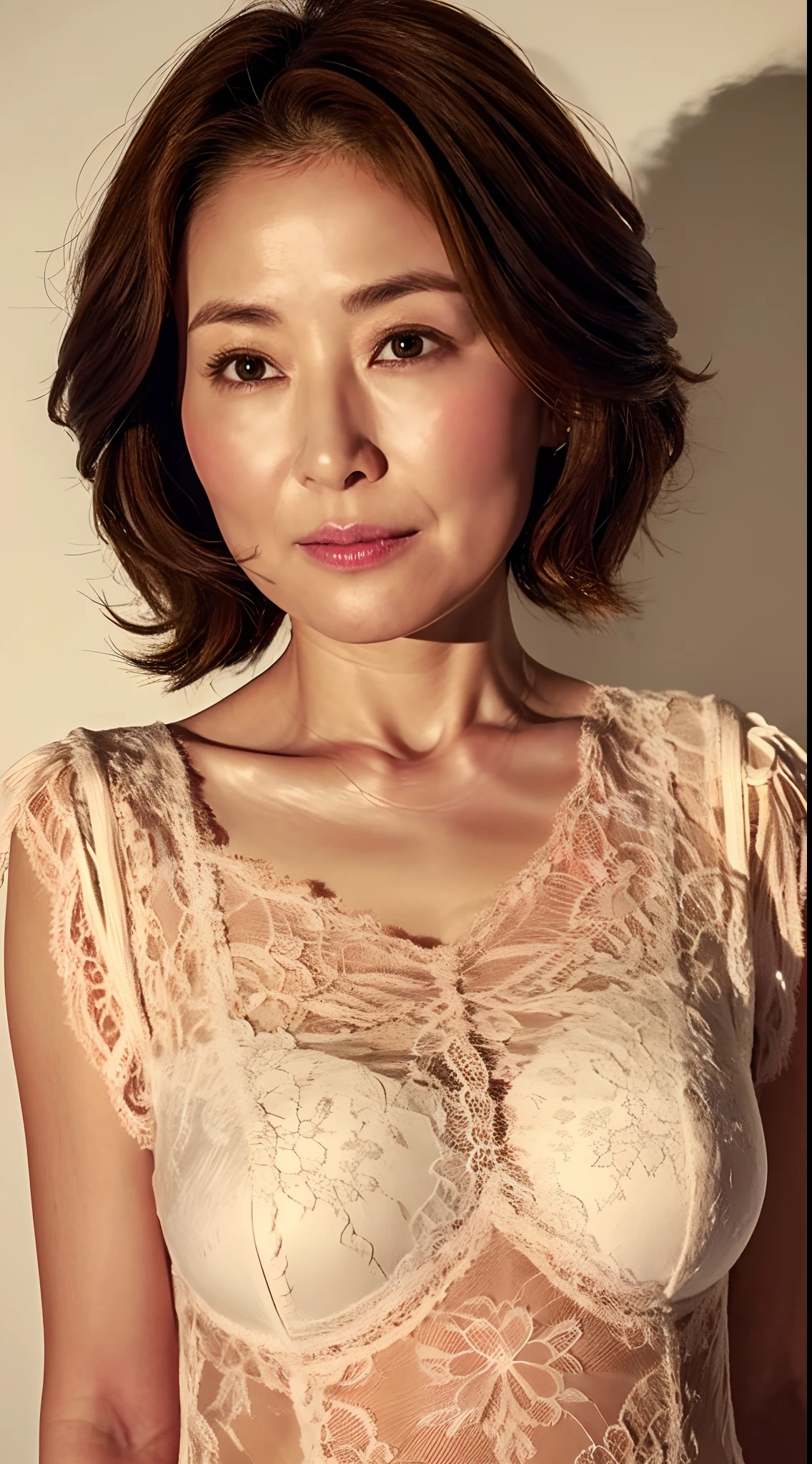 Sharpen, Flat color background, ((up of face:1.3)), gravure, masutepiece, Best Quality, Ultra-detailed, Photorealistic, super detailed skin, Perfect Anatomy, (1 japanese mature woman), (Solo), 90 years old, Old age, panties on, bra very, Keep your mouth tightly closed, Large breasts, Mature AV Actress, glamor, A sexy, Chromo-white skin, Looking at Viewer,