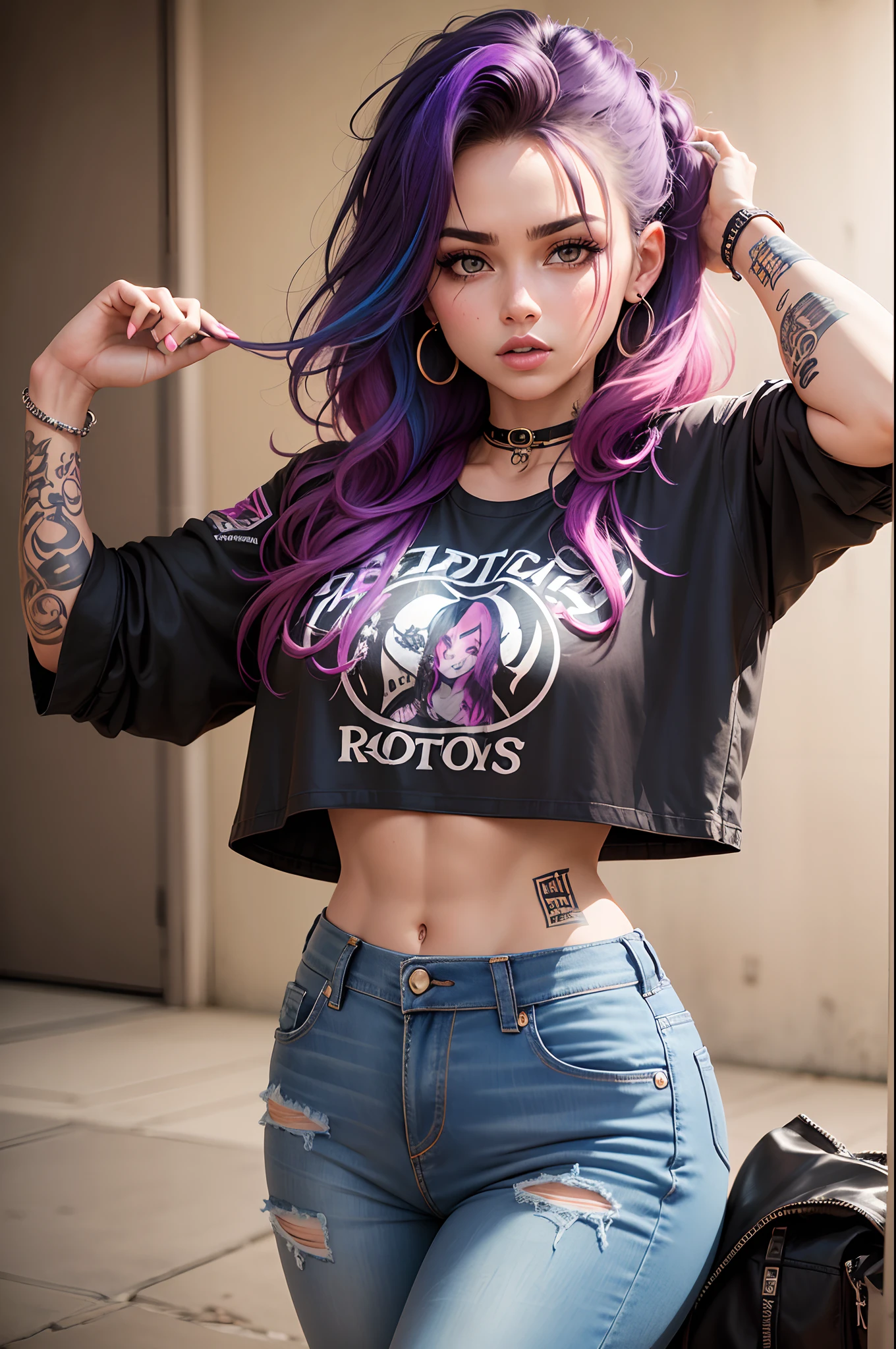 Gerar uma imagem de uma mulher com um estilo ousado e rock 'n' roll. Ela veste uma jaqueta de couro preta, uma camiseta vintage de banda de rock, jeans rasgados e botas de cano alto. Her hair is messy and has colorful stripes, And she has visible tattoos on her arms, She is a bit muscular and has a confident and bold attitude on her face."