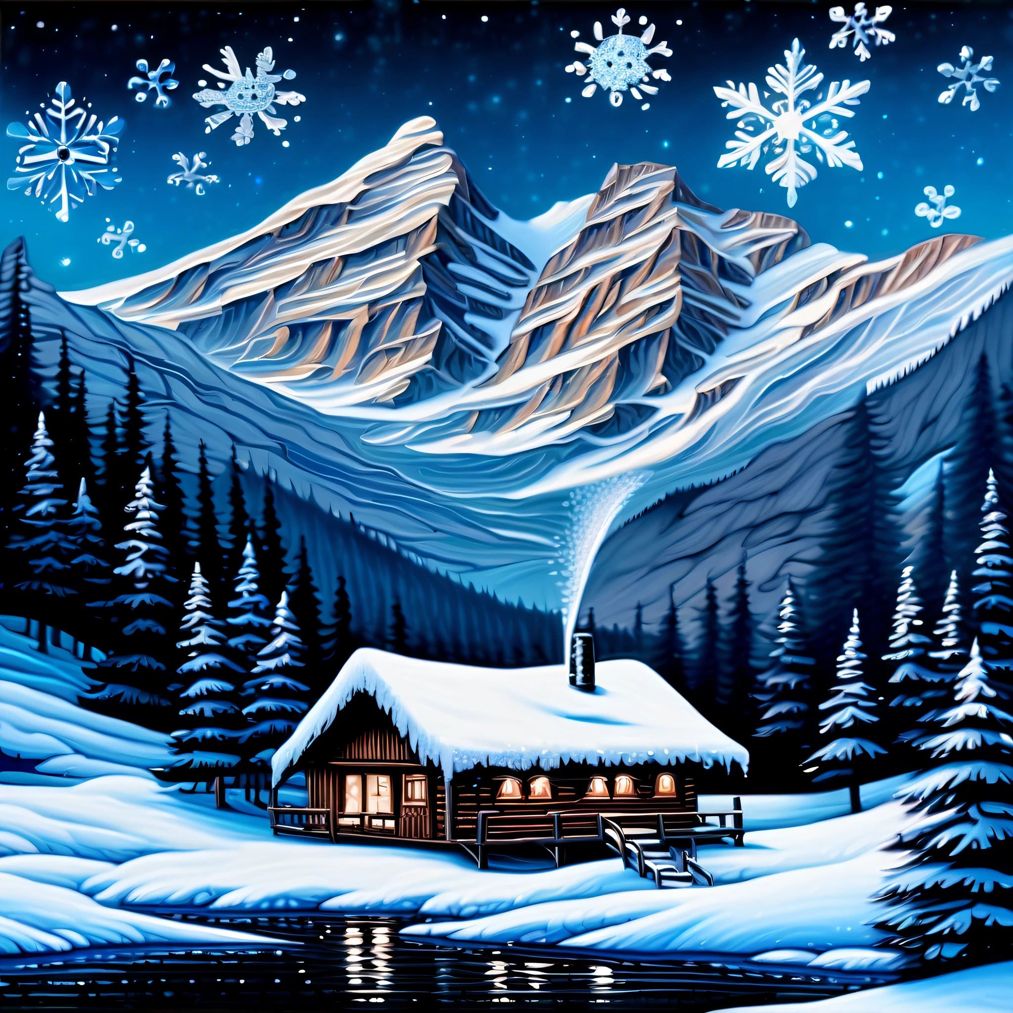 (((pure wonder and dark fantasy with eternal fantasy mountain cabin illustration:1.3))), last hints of autumn colors fading away, changing seasons, frozen lake glistens in the distance, layer of delicate snow, (((matte paint and technique of detail fountain pen and stunning gel ink and breathtaking extremely detail oil painting:1.3))), (((depth and dimension:1.3))), touch of snow magic, bring of visual feast for the senses, utmost care and attention to detail background, ultimate quality, highest resolution, (((flawless quality and stunning visuals:1.1))), (((exquisite beauty and intricate details:1.3))). (((stunning make up snow_flake glass flower:1.3))), (((intricate insane details:1.3))), (((with ultra realistic wolf:1.3))),