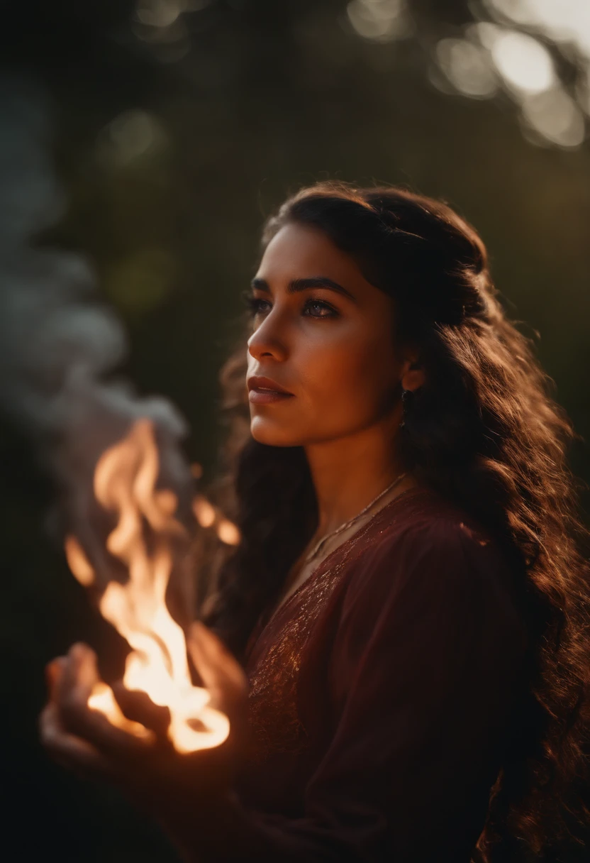Young Latina girl, magic user, conjuring the spirit of A Jaguar from smoke and fire