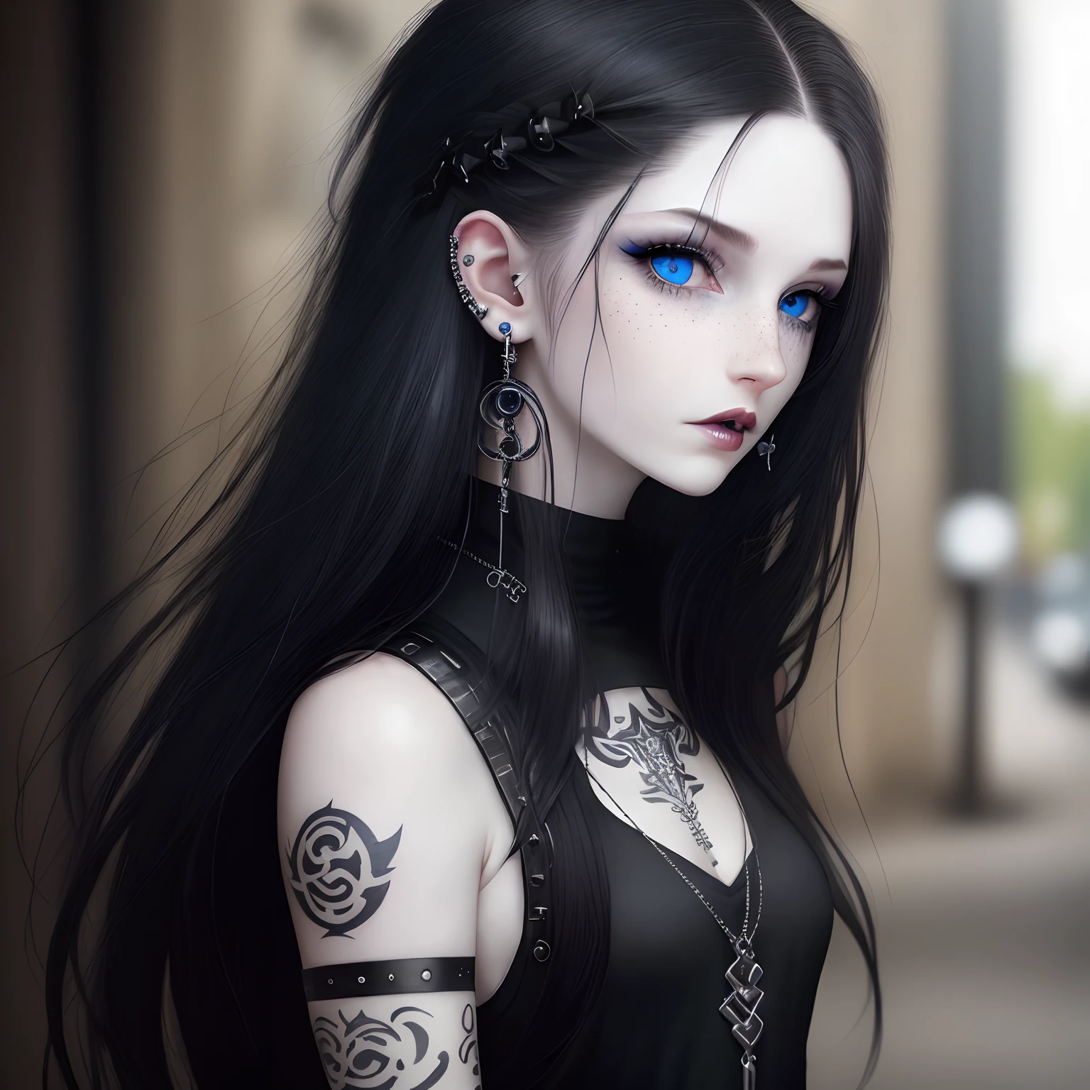 Pale skin girl with blue eyes, long eye lashes and freckles, black, choppy shoulder length hair. Lots of nose piercings and earrings. Tattoos, nose rings. Emo, goth, punk clothing.